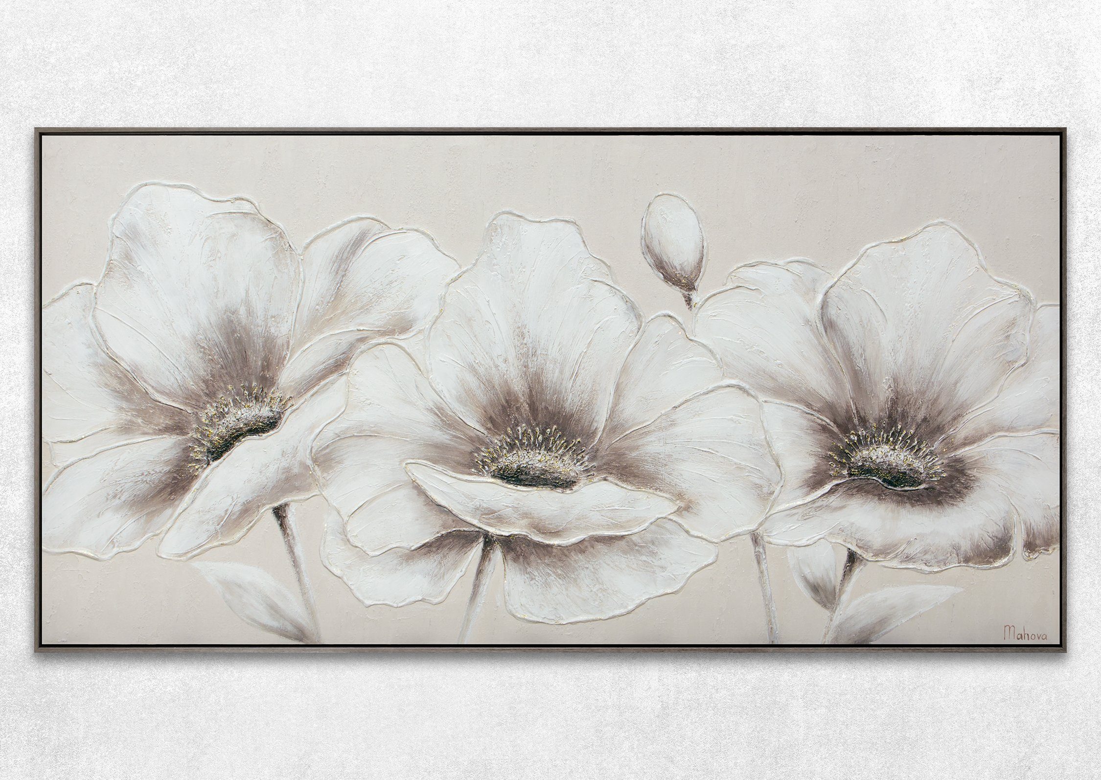 YS-Art Gemälde Blumen II, in Beige Rahmen Blumen, Leinwand Blumen Schwarz Handgemalt Weiß Bild auf Mit Grau