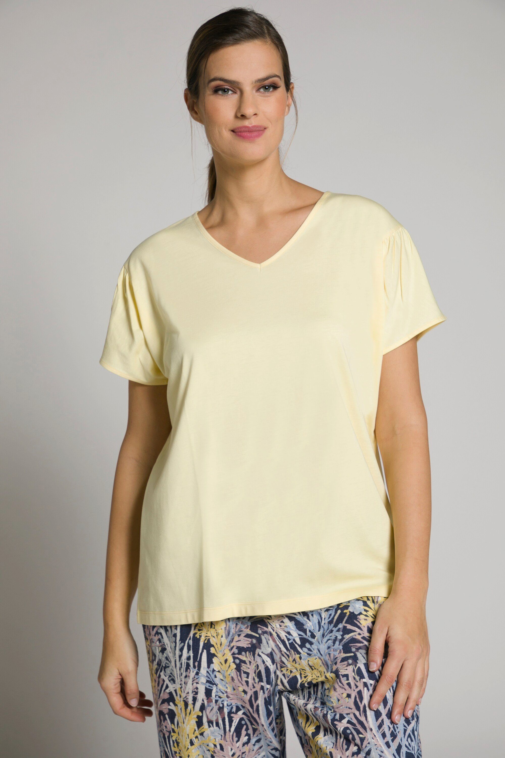 Ulla Popken Rundhalsshirt T-Shirt Raffung Oversized V-Ausschnitt Halbarm blassgelb