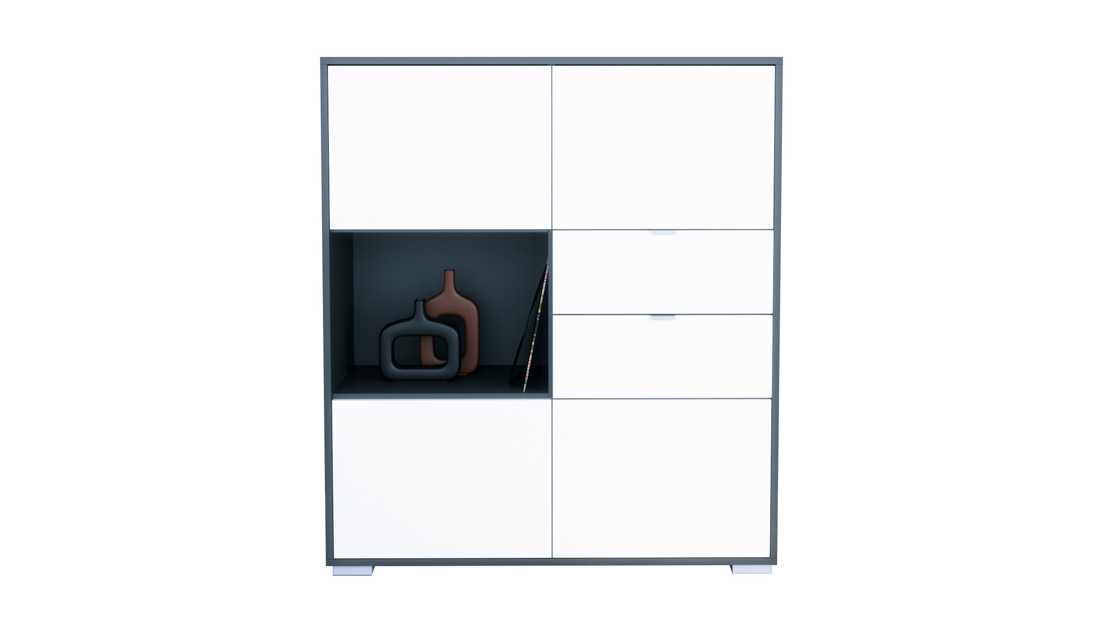 Vladon Highboard Milano V1 (Highboard mit 4 Tür Weiß matt, 2 Schubladen Weiß matt, Made in Germany), Korpus Anthrazit matt (103 x 118 x 37 cm)