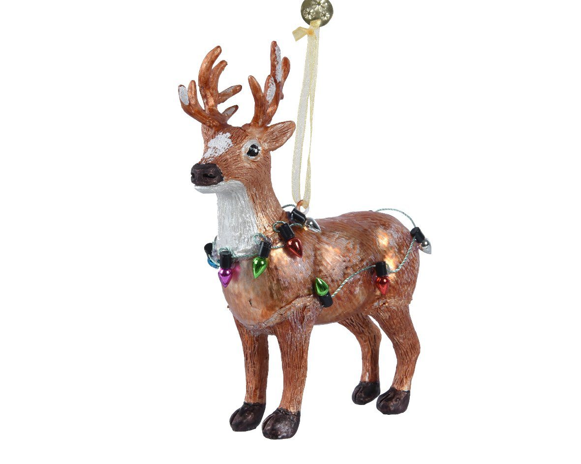 Kaemingk Christbaumschmuck, Christbaumschmuck Glas Hirsch mit Lichterkette 13cm hängend - Rotbraun