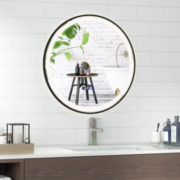 KOMFOTTEU Badspiegel, beleuchteter Wandspiegel mit Uhr & Temperatur