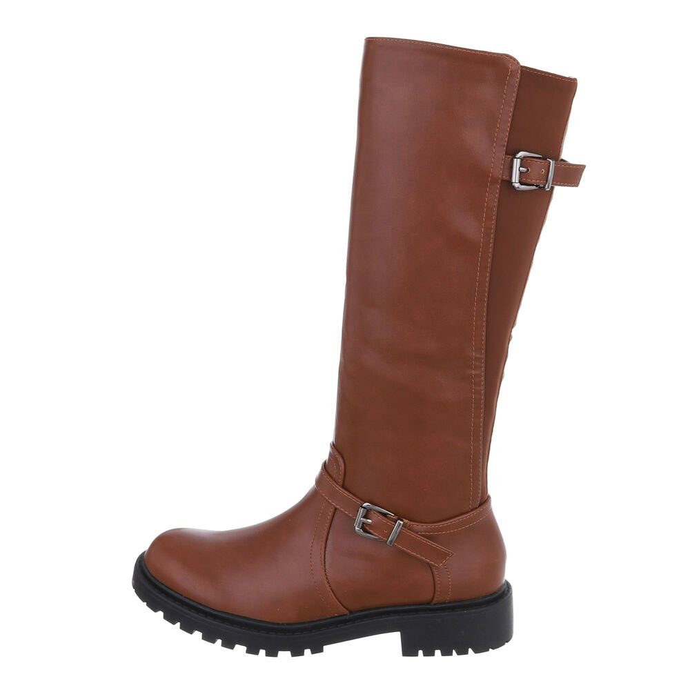 Ital-Design Damen Freizeit Stiefel Blockabsatz Klassische Stiefel in Camel