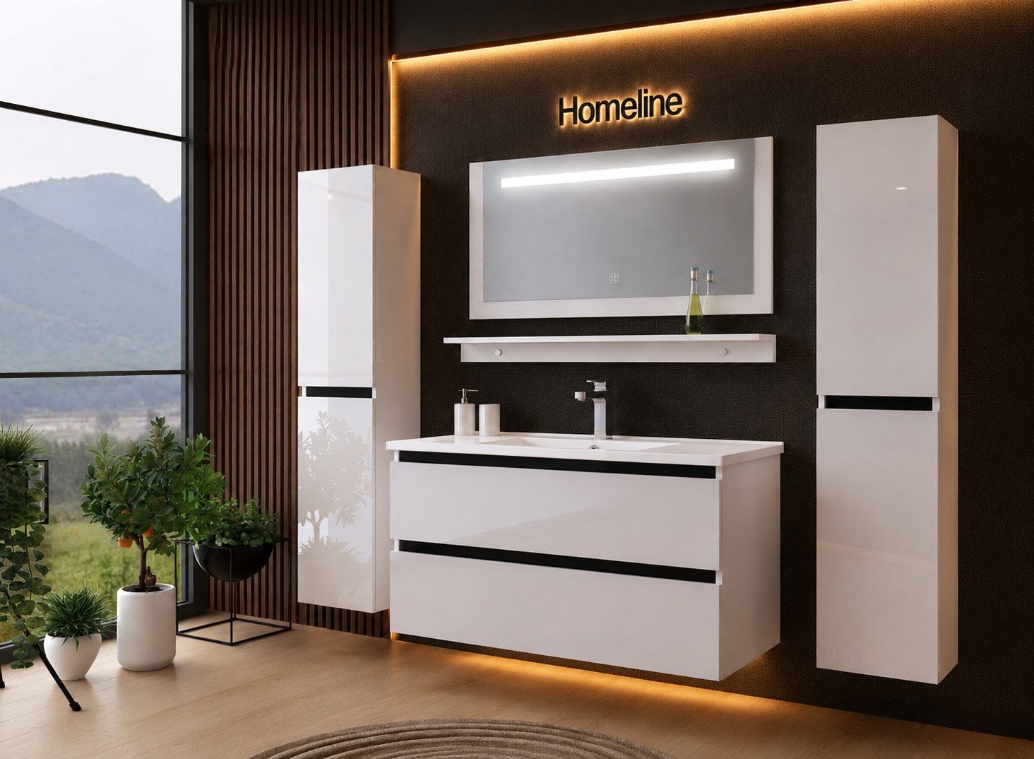 Homeline Badmöbel-Set Badmöbel Set hochschränke Danny Spiegel Keramik Becken Hochglanz, (Komplettes Badmöbel Set, 6-St., Badmöbel Set Schwarz Hochglanz 6 Teilig Badezimmermöbel), Hochglanz Optik Mit 2 Schubladen