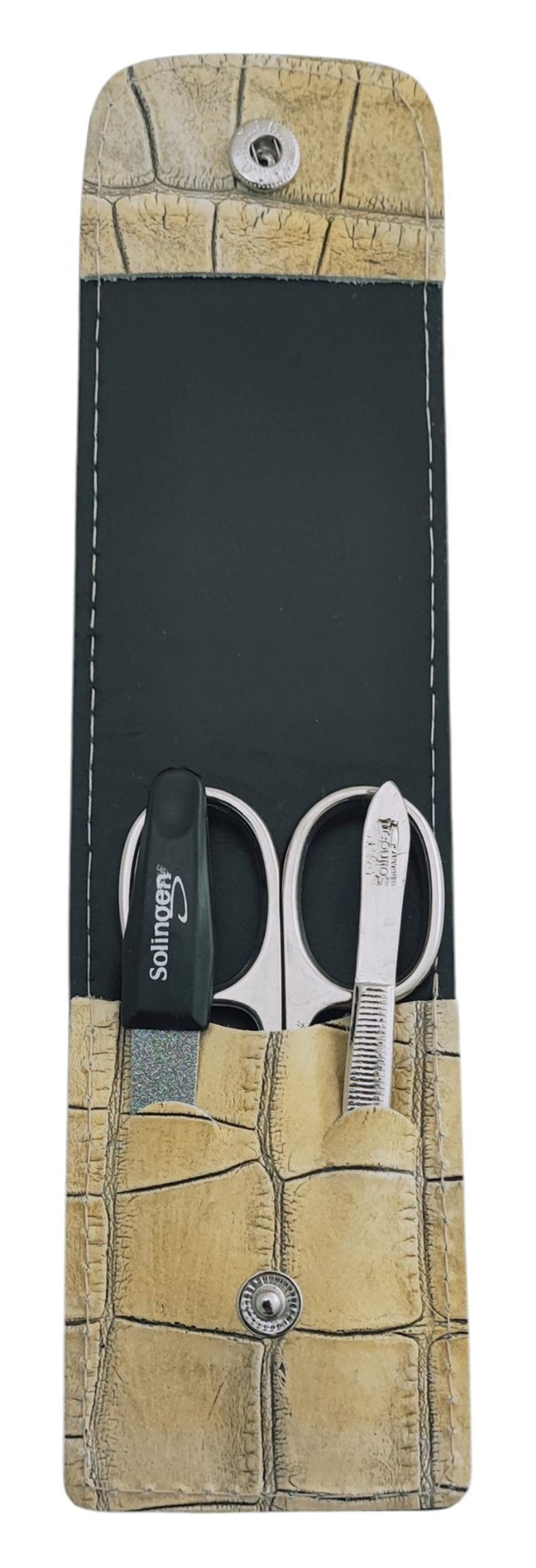 EloModa Maniküre-Kosmetik-Etui Solingen Maniküre Set 3-teilig – Nagelschere, Pinzette & Saphirfeile, 3 tlg., Nagelpflege Set, Tier Muster Echtleder Etui, Made in Germany