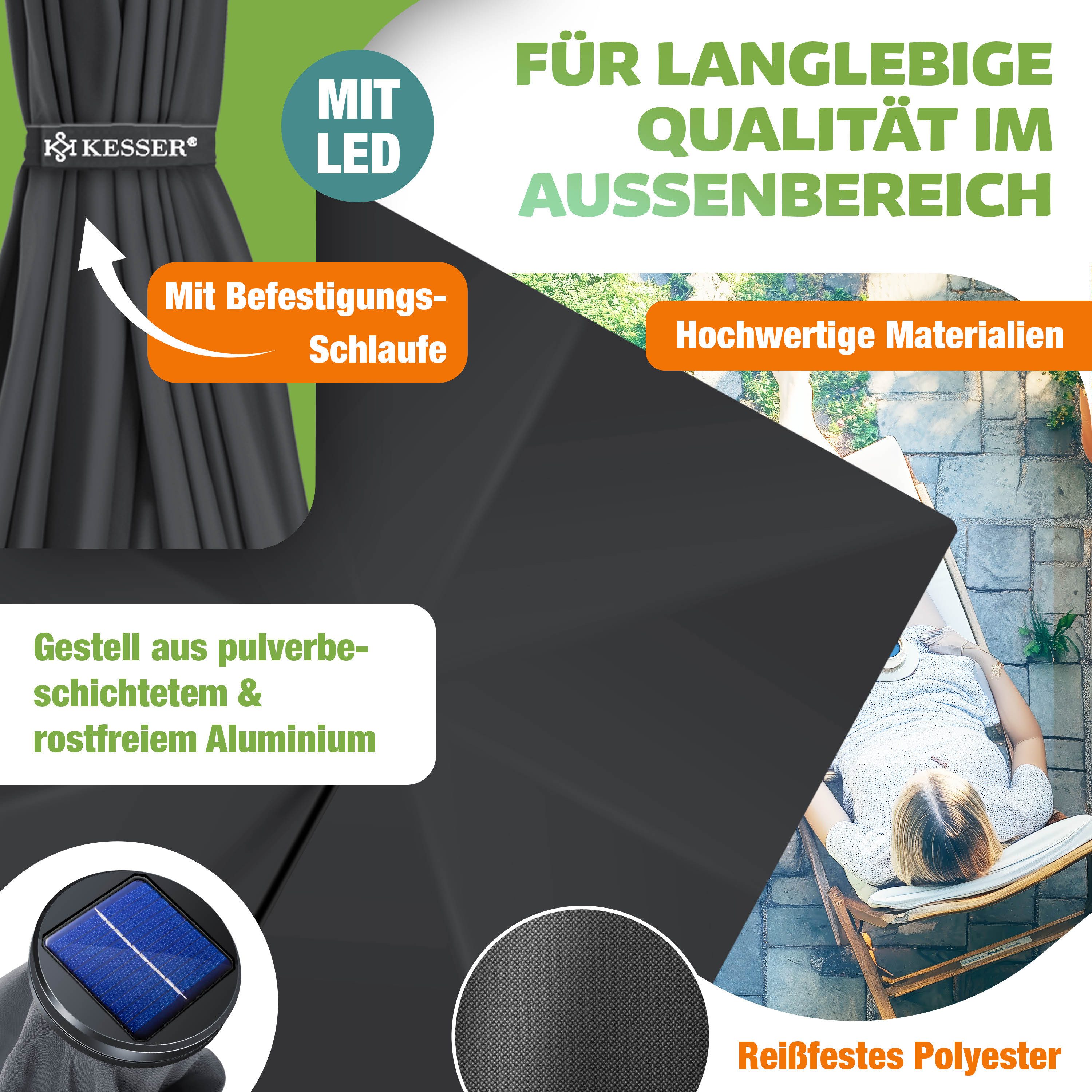 KESSER Ampelschirm, Ø350cm Sonnenschirm inkl. Abdeckung & Wind- & wetterfest