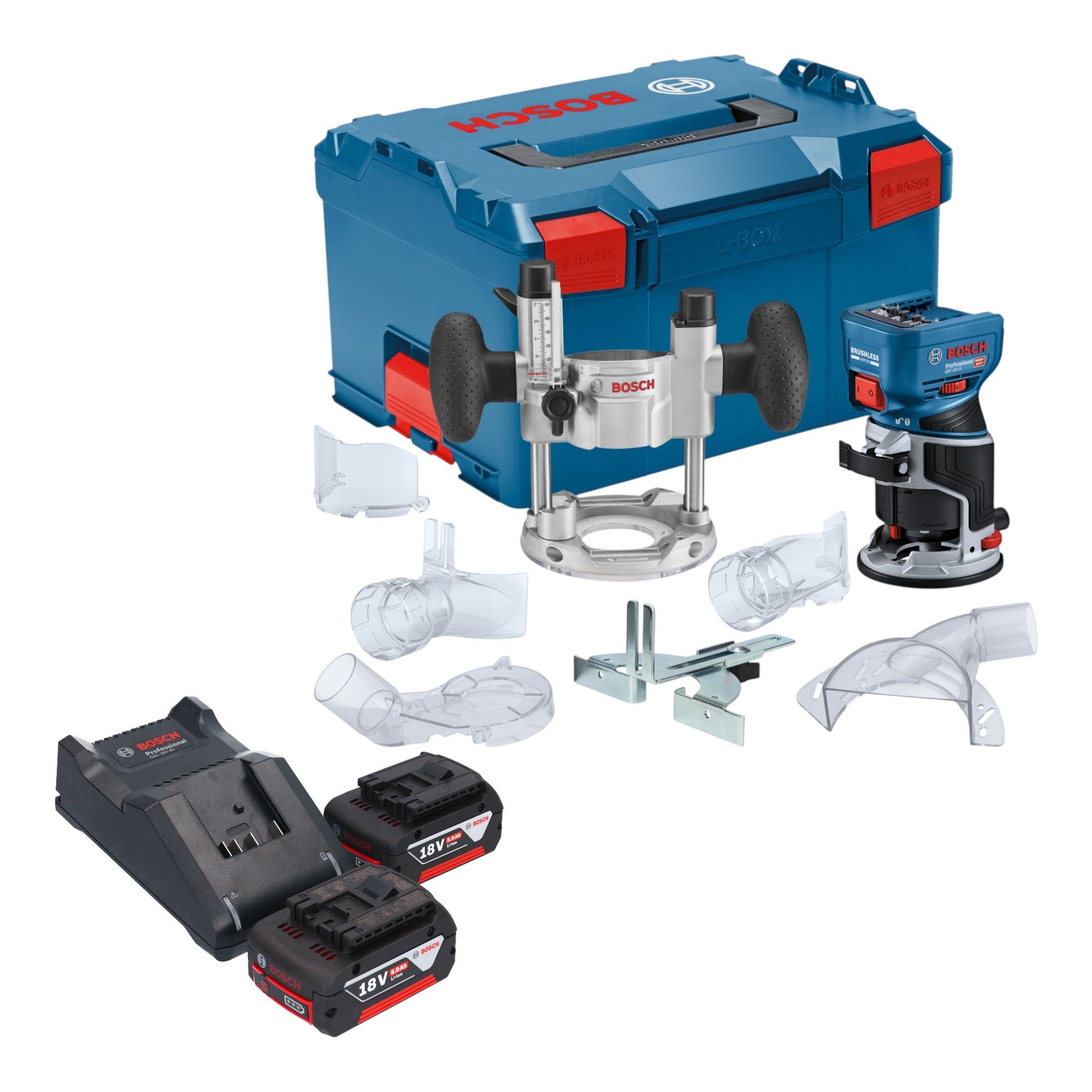 Bosch Professional Oberfräse GKF 18V-8 Professional 18 V 8,0 mm Brushless + 2x Akku 5,0 Ah + Lader