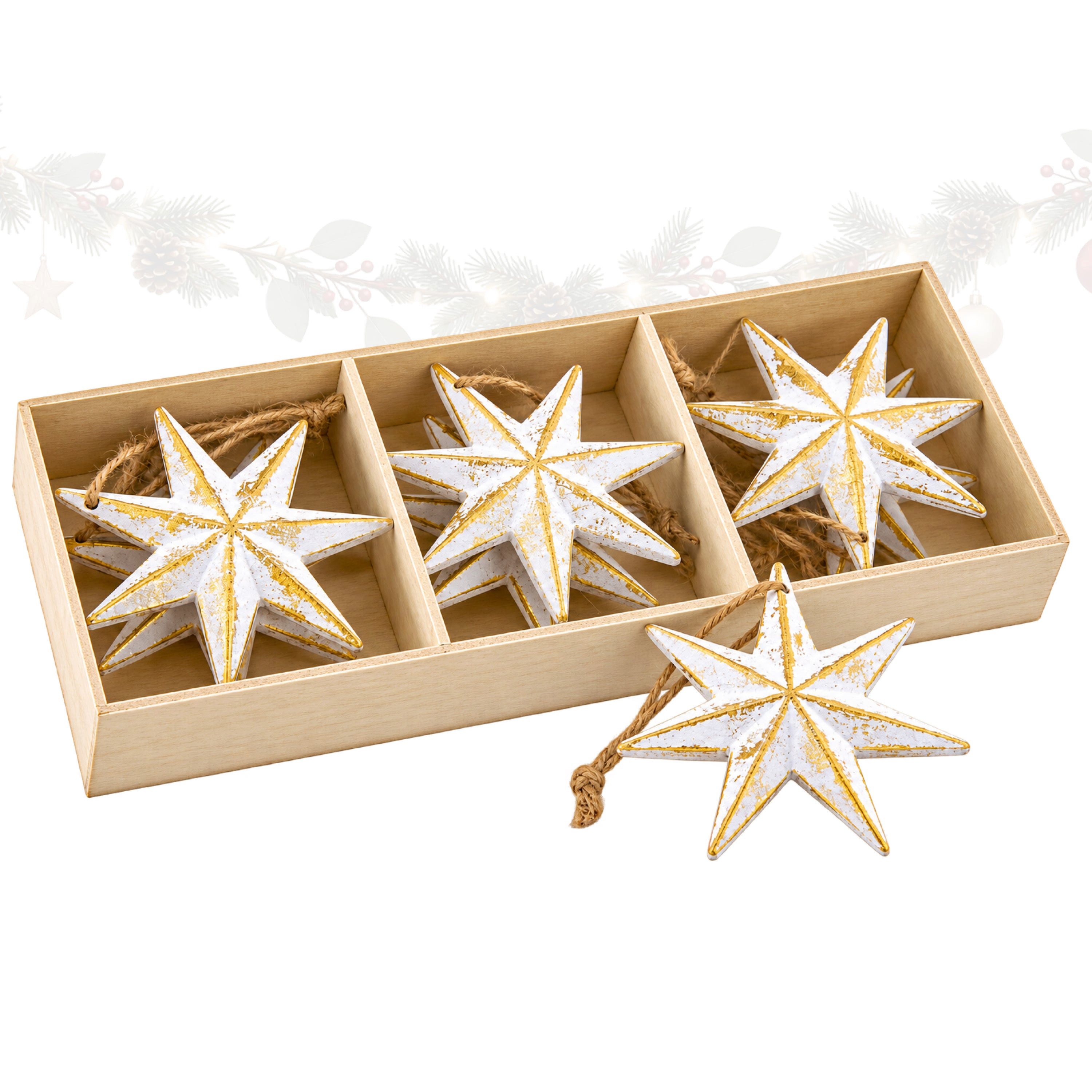 Logbuch-Verlag Geschenkbox 6er Set Sternanhänger Holz weiß gold 8 cm mit Holzbox