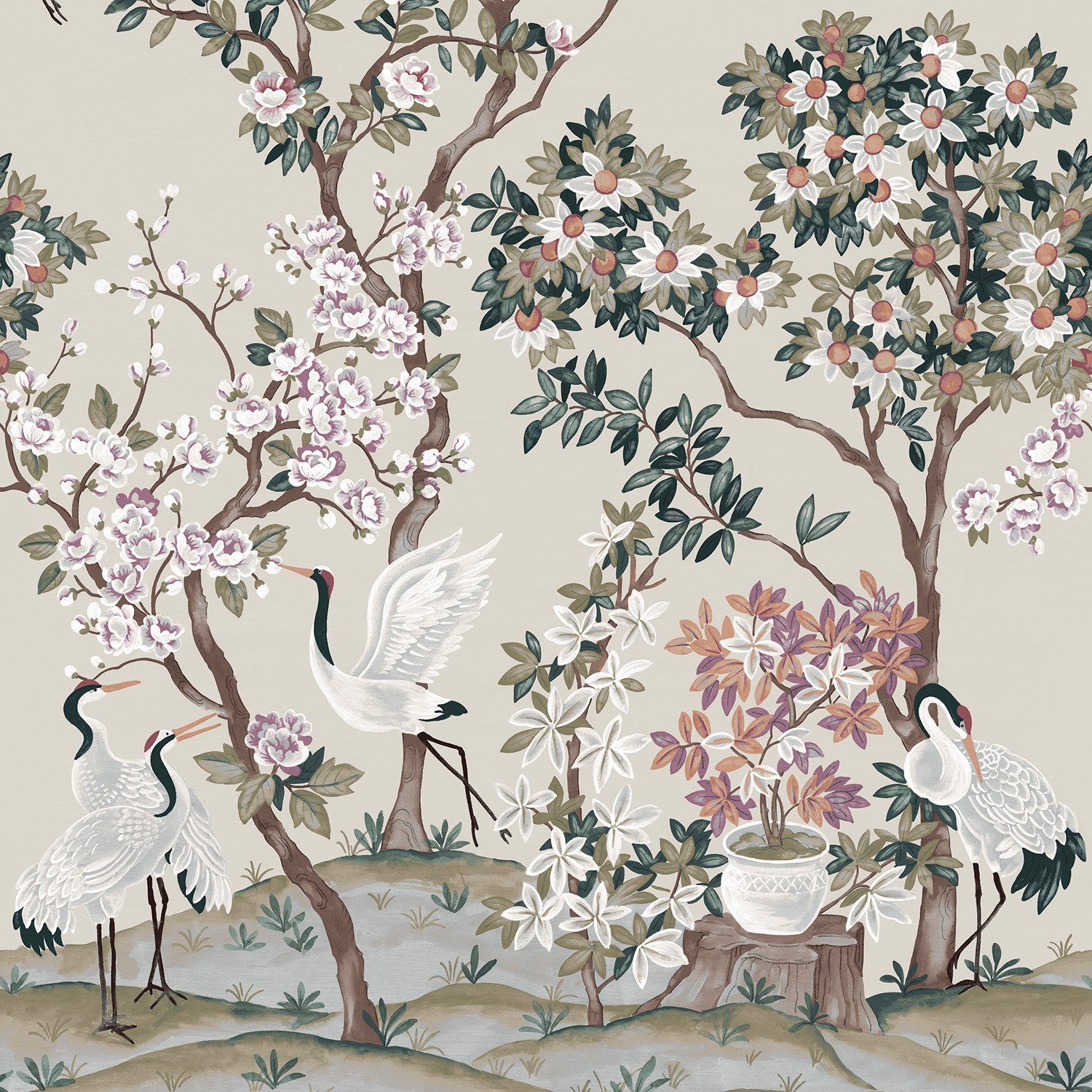 Rasch Fototapete mit Kranichen und Blumen in Beige - 2,80m x 1,59m - Noble Zen, strukturiert, asiatisch, botanisch, (1 Rolle, 1 St), Kirschblüten