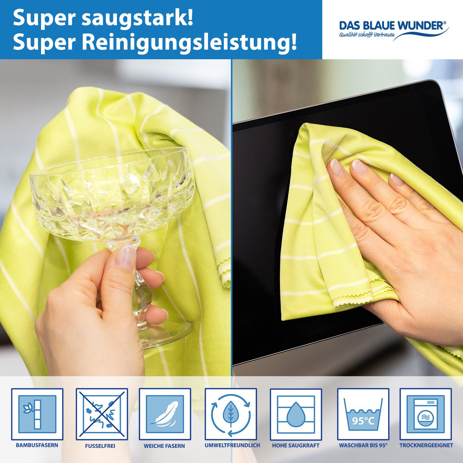 Das Blaue Wunder® Cristall Premium Ultrasonic mit Bambusfasern Reinigungstücher (Set: 5 x 40 x 60 cm, Reinigen und Trocknen, Waschbar bis 95°C)