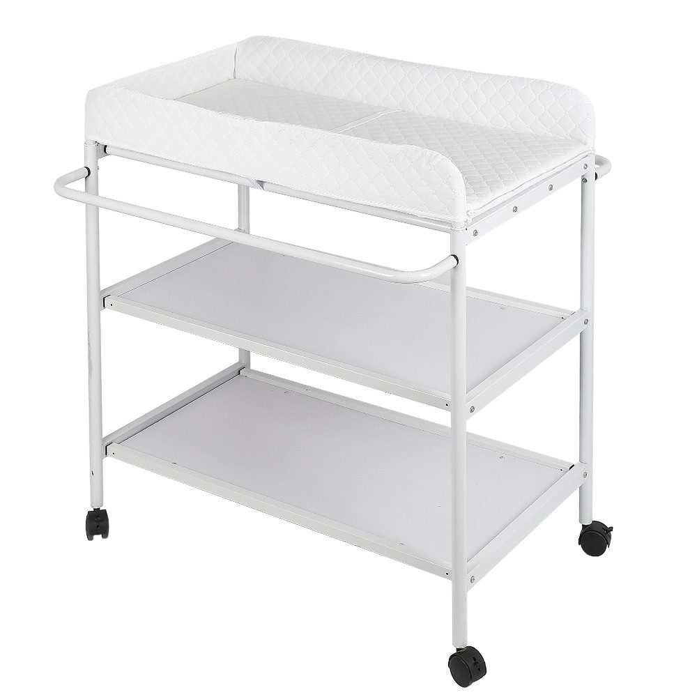 JEOBEST Wickeltisch Baby Wickelregal Weiß Baby Wickeltisch mit Rädern, mit Wickelauflage, Sicherheitsgurt und 2 Ablagefächern