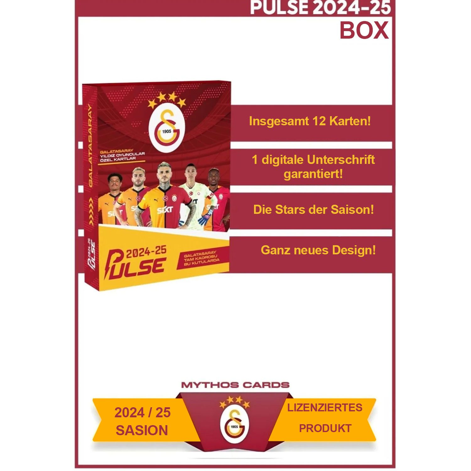 Jungengel Sammelkarte Galatasaray Pulse 2024/2025 Fußballkarten 12 Karten Spielkarten, Exklusive Galatasaray-Edition, Limitiert, Offiziell lizenziert