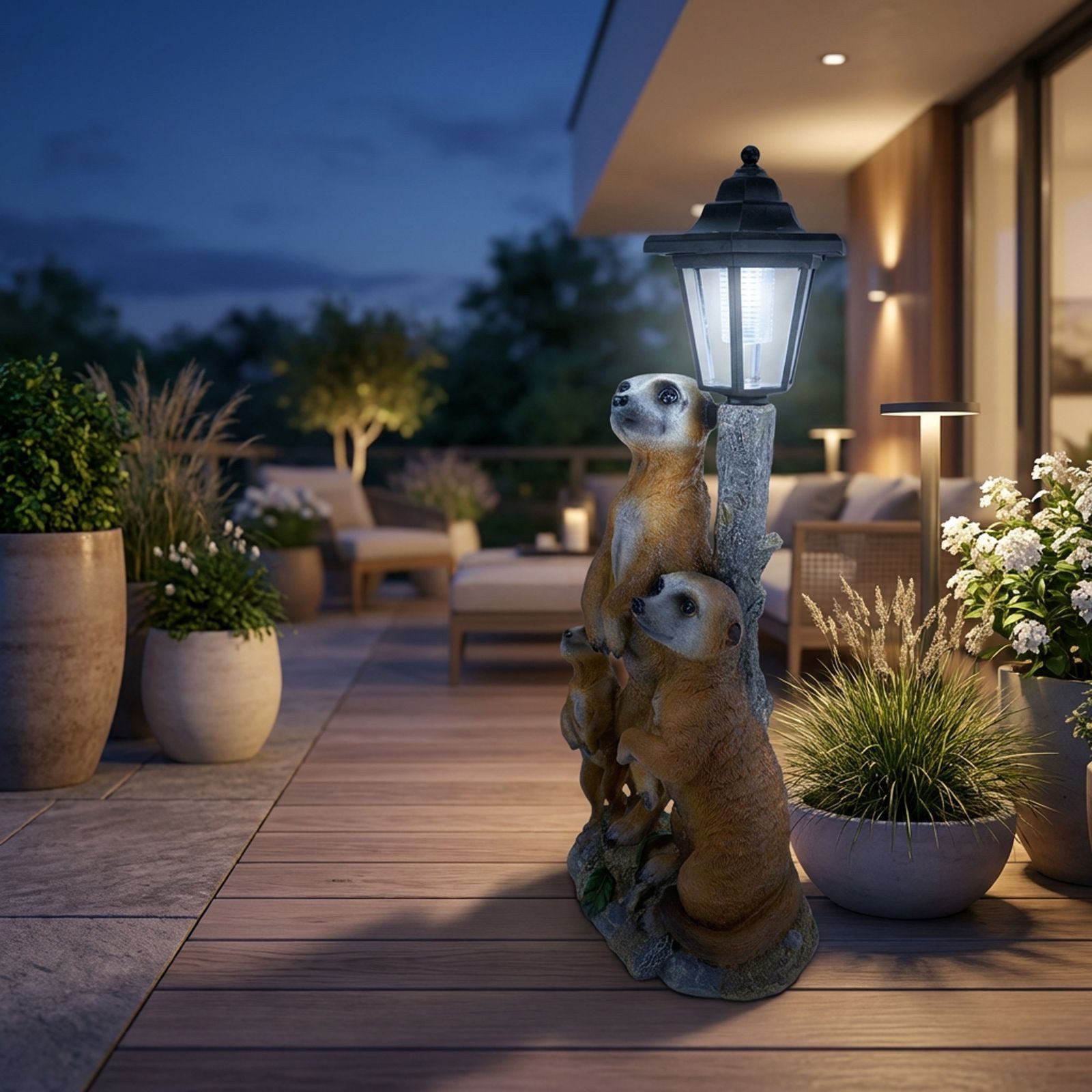 Kremers Schatzkiste Gartenfigur Erdmännchen Familie mit Solarlaterne Gartenfigur 51 cm Tierfigur