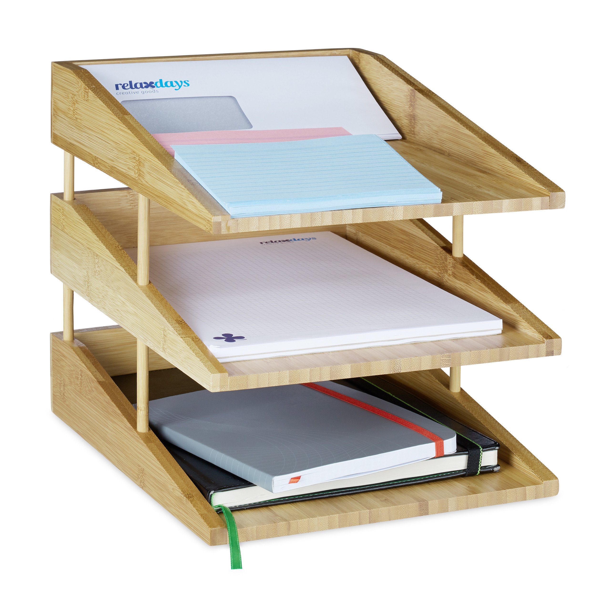 relaxdays Briefablage Dokumentenablage Bambus 3 Fächer (3-St)