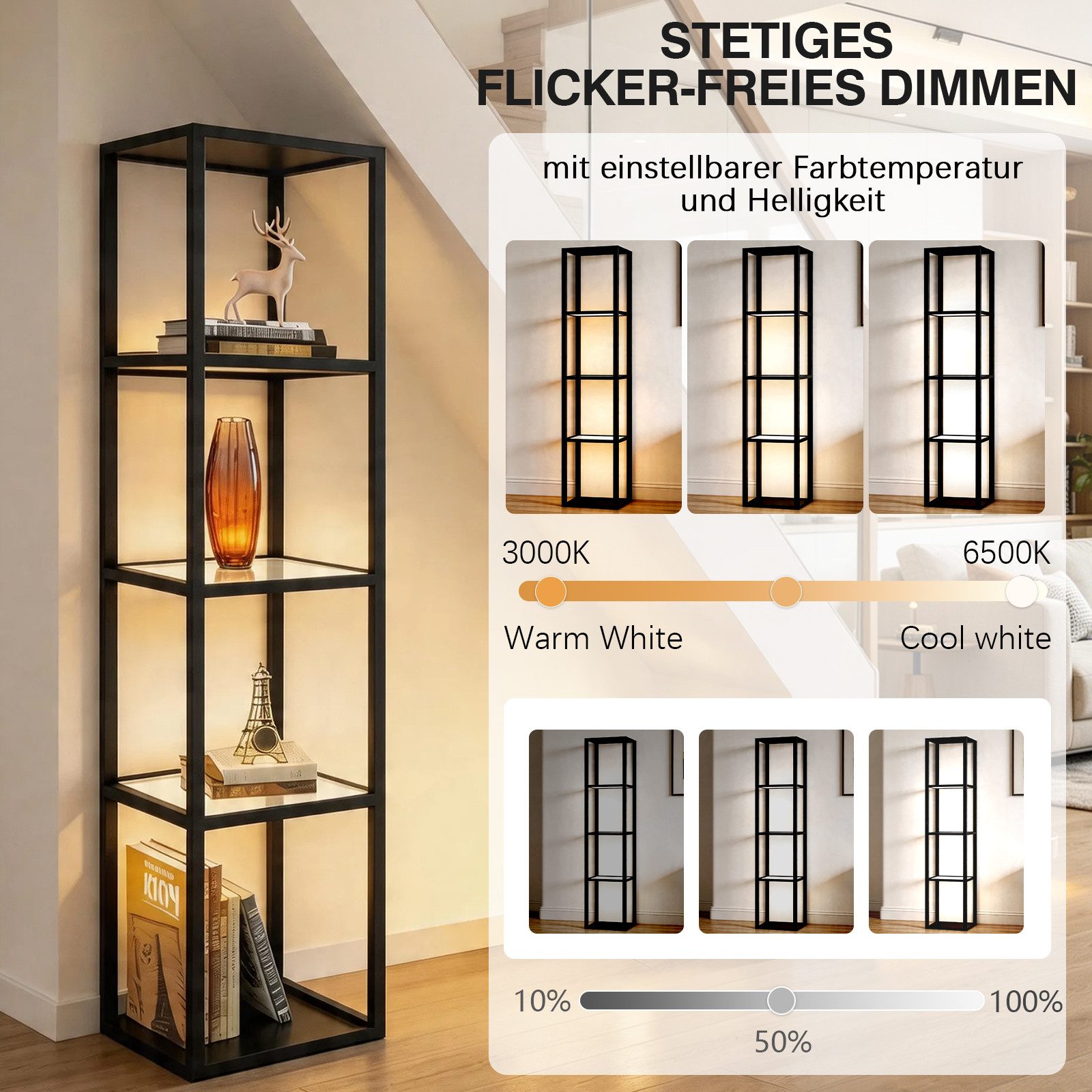 XERSEK Glasvitrine 5 Etagen Vitrine mit Dimmbar LED Beleuchtung Standregal 39×30×168cm (Stufenlos Dimmbar per Fernbedienung & Fußsteuerung) für Sammlerstücke, W – Bild 4 von 5
