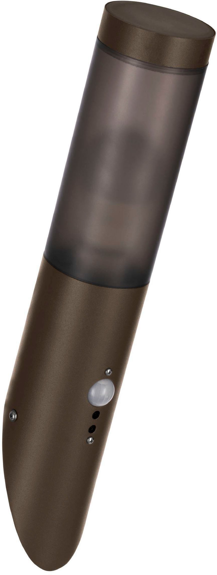 EGLO Wandleuchte Helsinki Sockellampe, Wandlampe, Außenlampe, Edelstahl, E27, IP44, Bewegungsmelder, ohne Leuchtmittel, Wand-/Deckenleuchte - H40 x Ø7,5 x AL16,5 cm - rostbraun - 1X15W exkl.