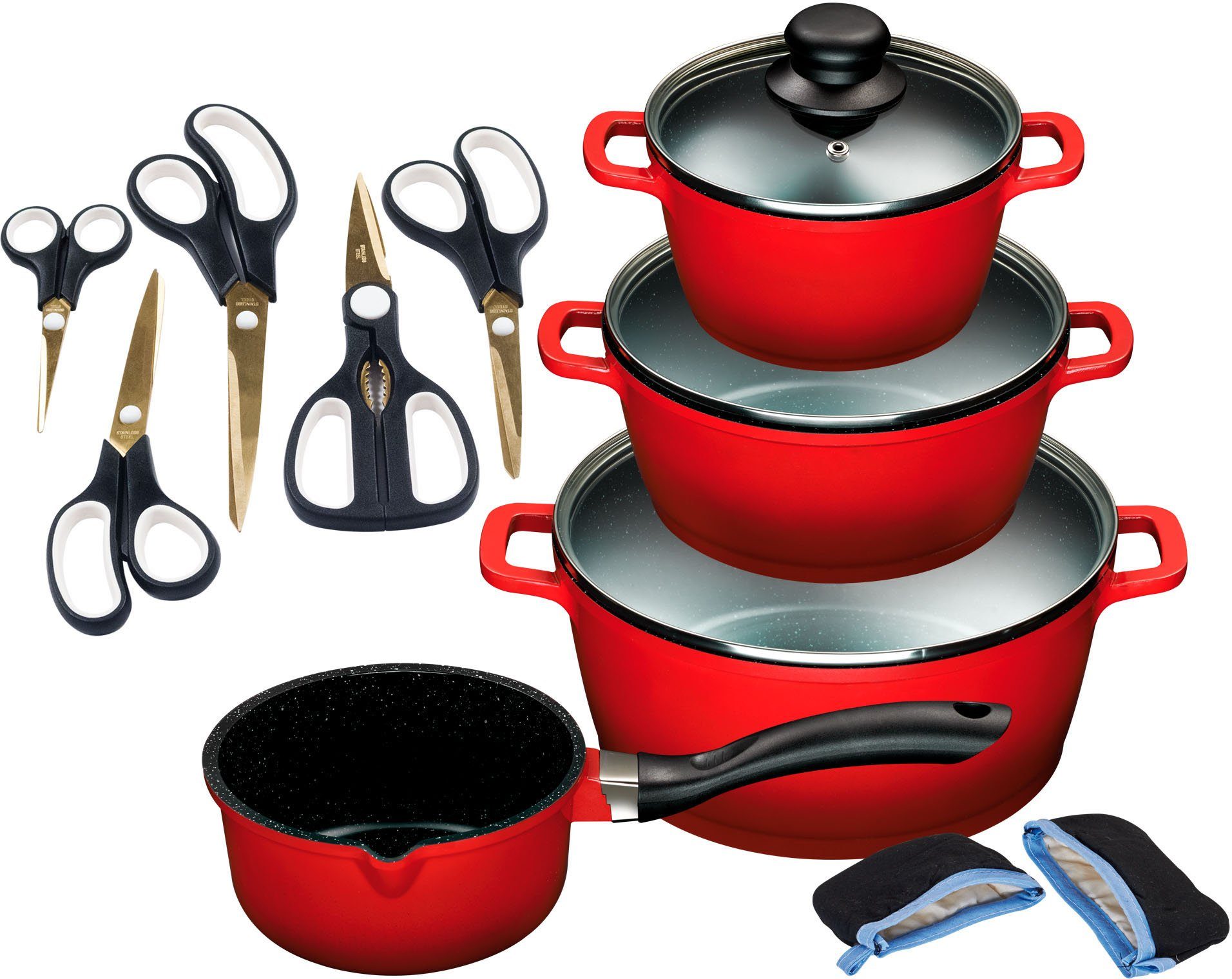 KING Topf-Set ALUGUSS, Aluminiumguss (Set, 14-tlg., je 1 Kochtopf 16/20/24 cm, 1 Stieltopf 16 cm, Scheren-Set, Grips), Deckel Silikonrand,Antihaft-Beschichtung,Induktion