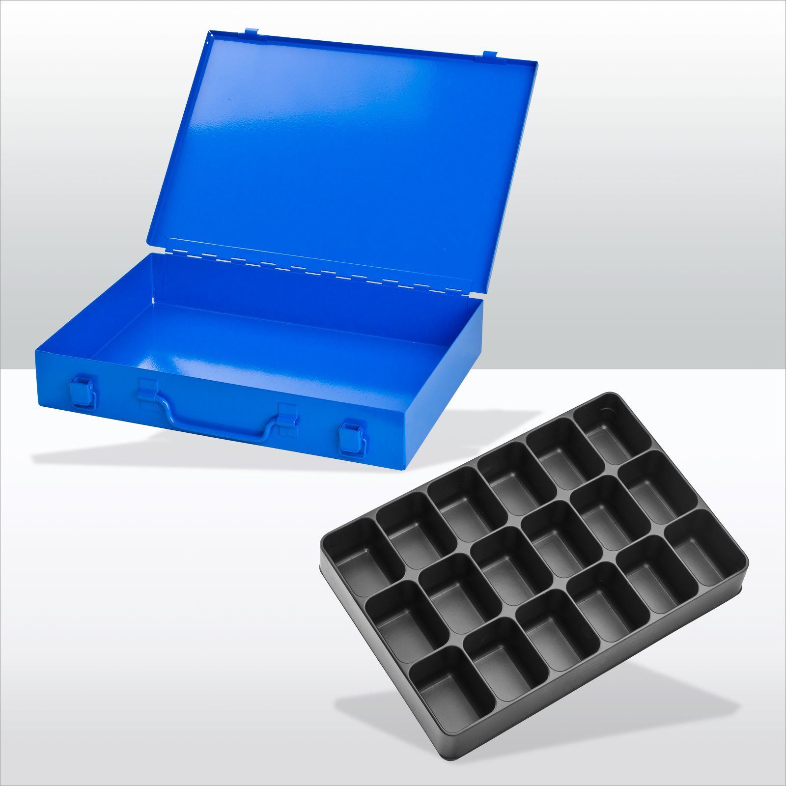 PROREGAL® Werkzeugkoffer Blau 18 Spannverschluss Stahlblechkästen Himmelblau Fächer, 5x33x23cm, HxBxT mit
