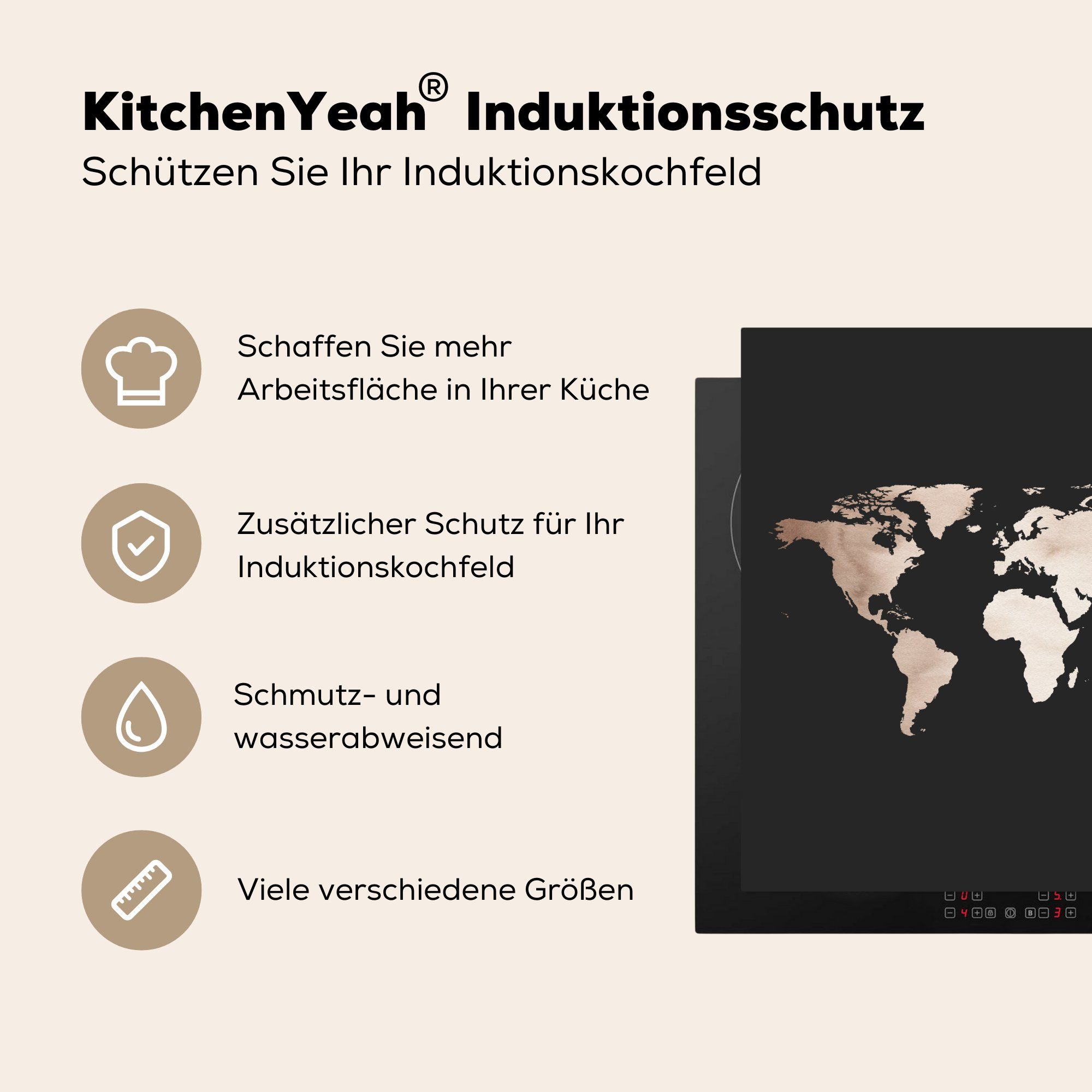 MuchoWow Herdblende-/Abdeckplatte Weltkarte - Aquarell - tlg), küche Arbeitsplatte Schwarz, Vinyl, cm, (1 für 78x78 Ceranfeldabdeckung