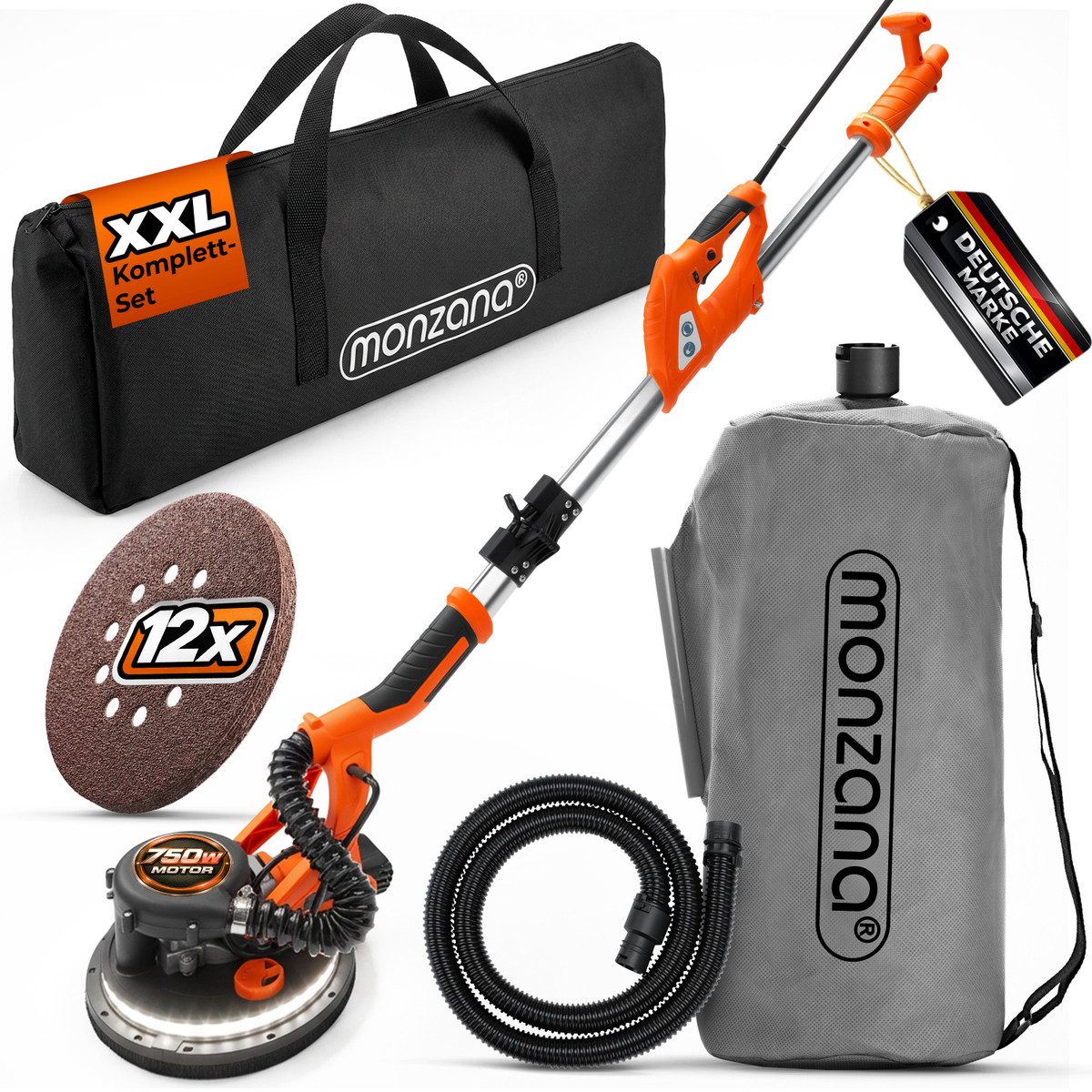 monzana Trockenbauschleifer, 750 Watt max 1750 U/min 12x Ø 225mm Schleifscheiben Deckenschleifer