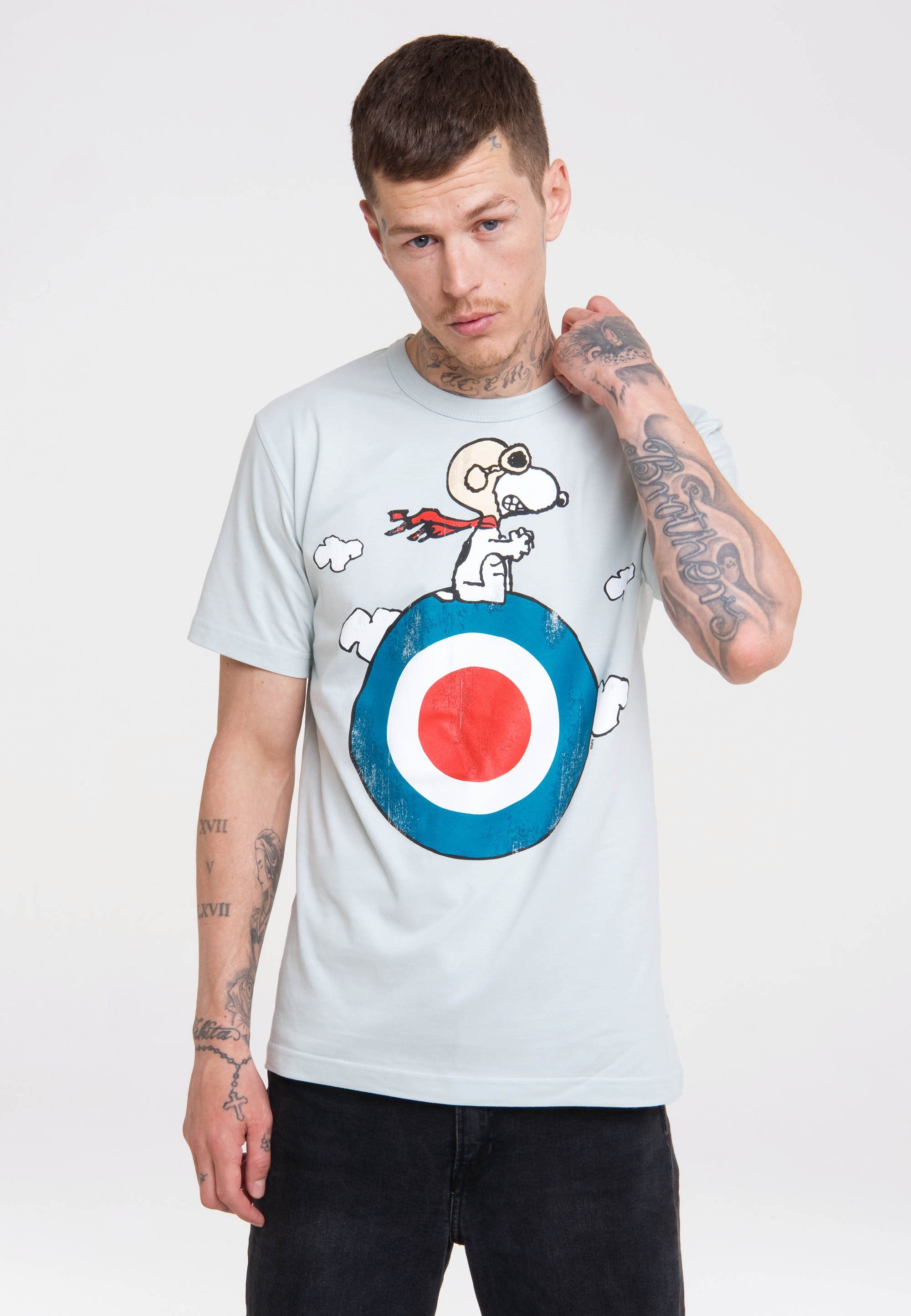 LOGOSHIRT T-Shirt Peanuts - mit Pilot lizenziertem hellgrau Print Snoopy