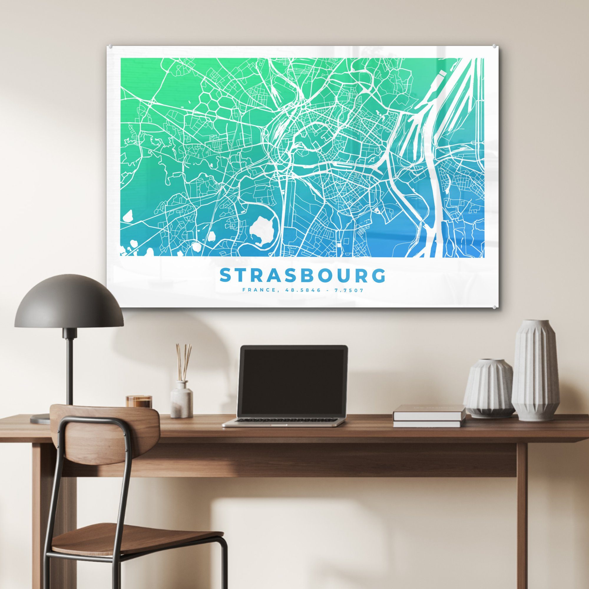 (1 MuchoWow Acrylglasbilder - Wohnzimmer Acrylglasbild Stadtplan, Schlafzimmer Frankreich Strasbourg St), - &