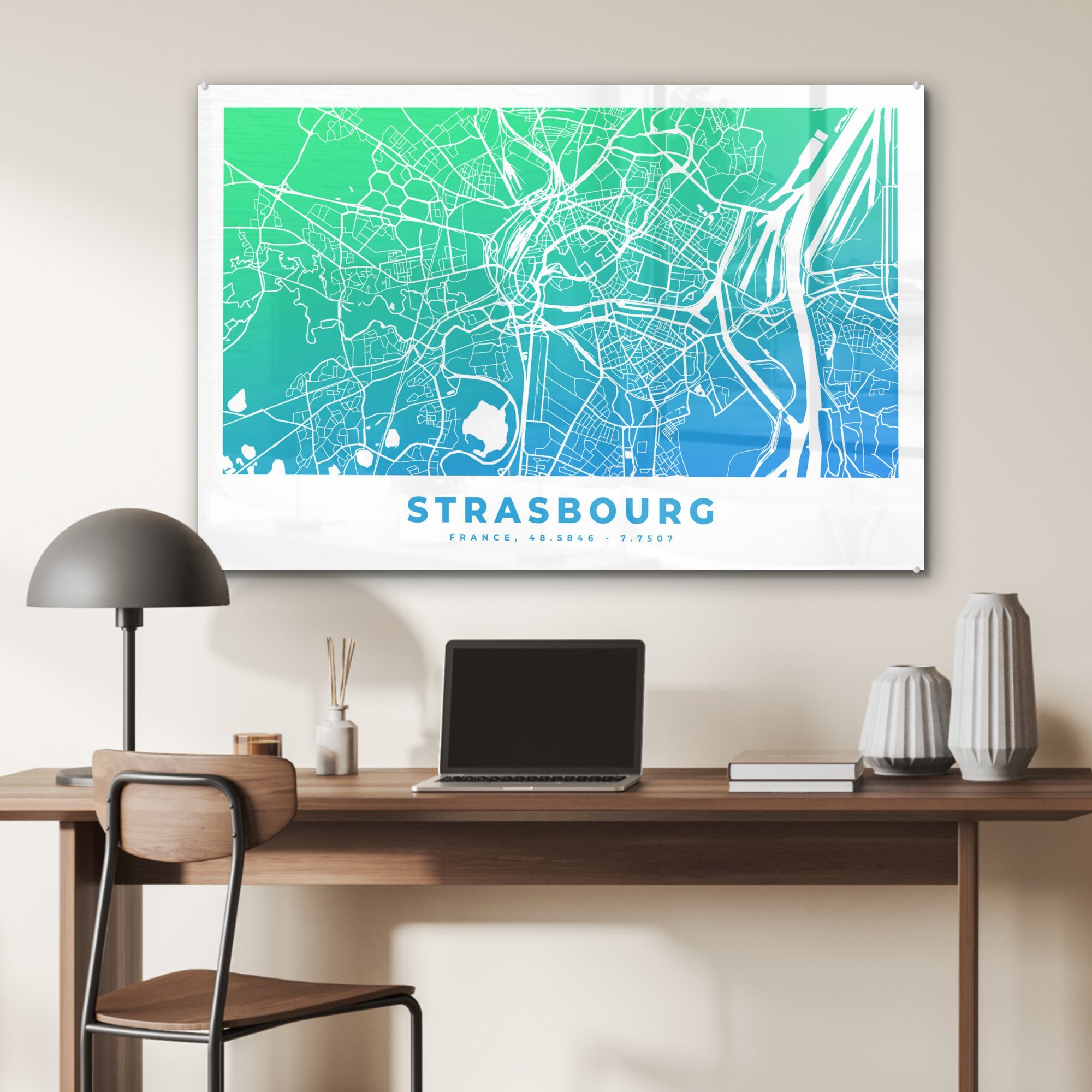 Wohnzimmer (1 MuchoWow Schlafzimmer St), Strasbourg Frankreich Acrylglasbild & Stadtplan, - - Acrylglasbilder