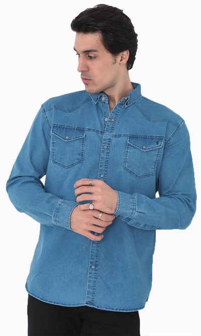 Megaman Jeans Langarmhemd Modernes Freizeit Jeanshemd Unifarben Premium Slim Fit, Langarm, Druckknopf