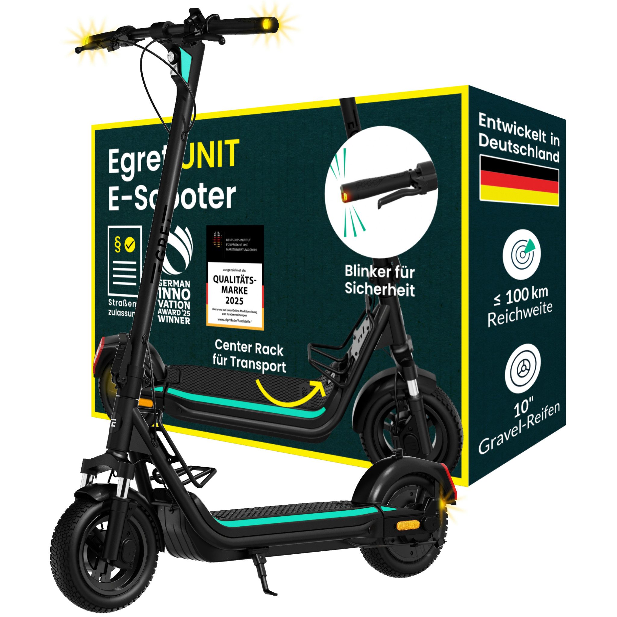 Egret E-Scooter Egret Unit, FEDERUNG, STAURAUM, 100KM Reichweite, 500 W, 20 km/h, mit Straßenzulassung, ≤130kg Traglast, Blinker