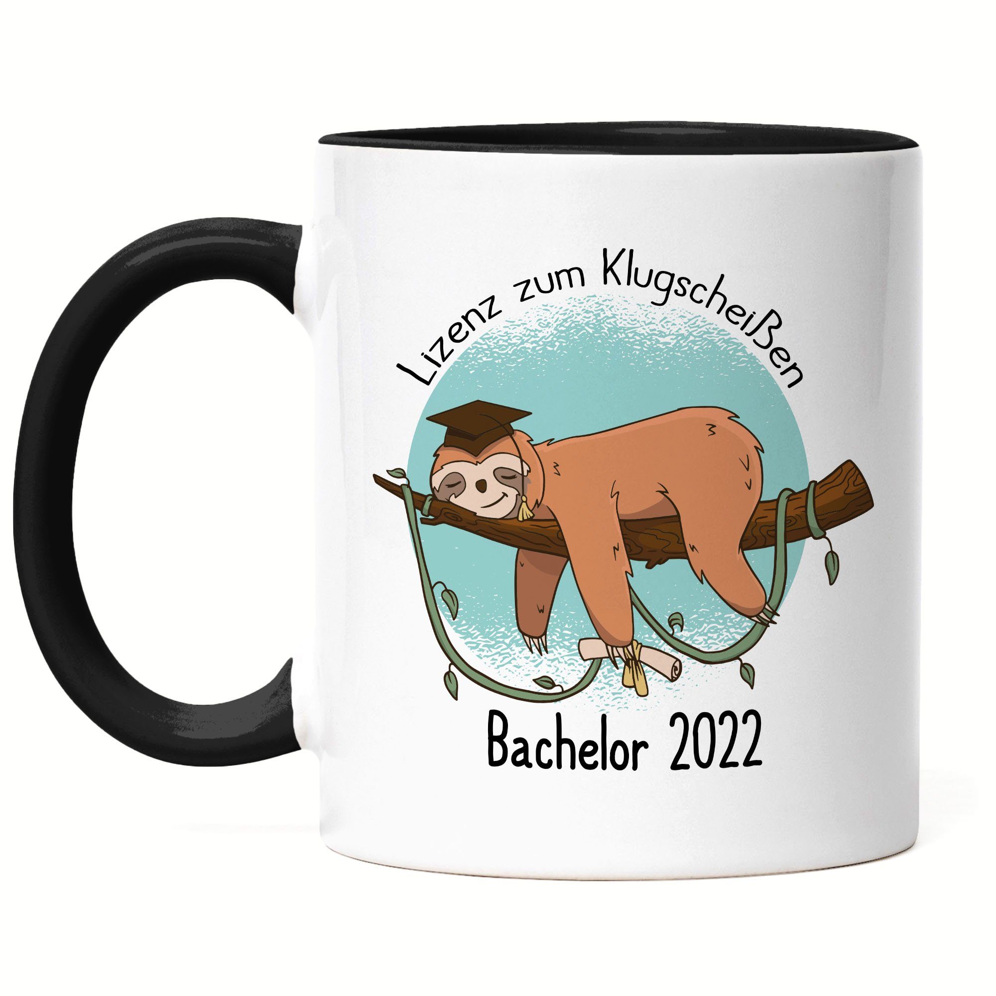 Hey!Print Tasse Bachelor Tasse 2022 Abschluss Geschenk Absolvent Absolventin Faultier Kaffeetasse Uni Hochschule, Keramik Schwarz