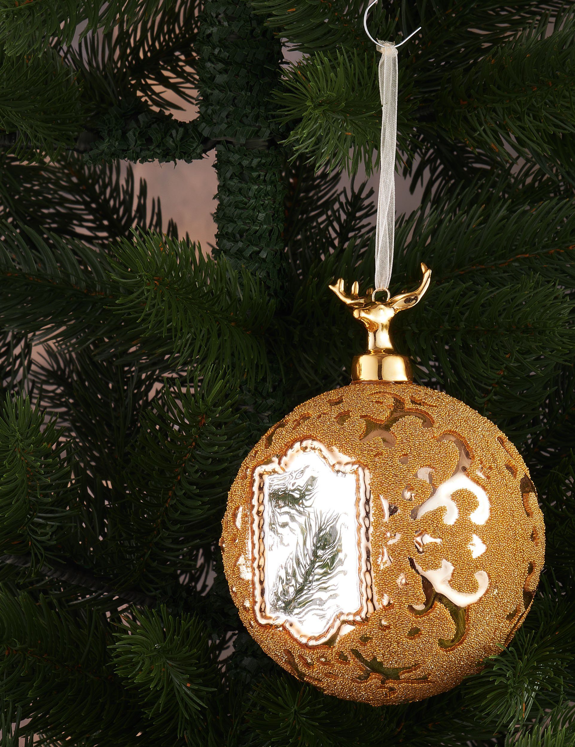 cm Premium St), - 10 Deer Gold - mit Glas BRUBAKER Royal Spiegel - Weihnachtskugel Figur Handarbeit Weihnachtsbaumkugel Hirsch Baumkugel und Muster mit Christbaumkugel (1