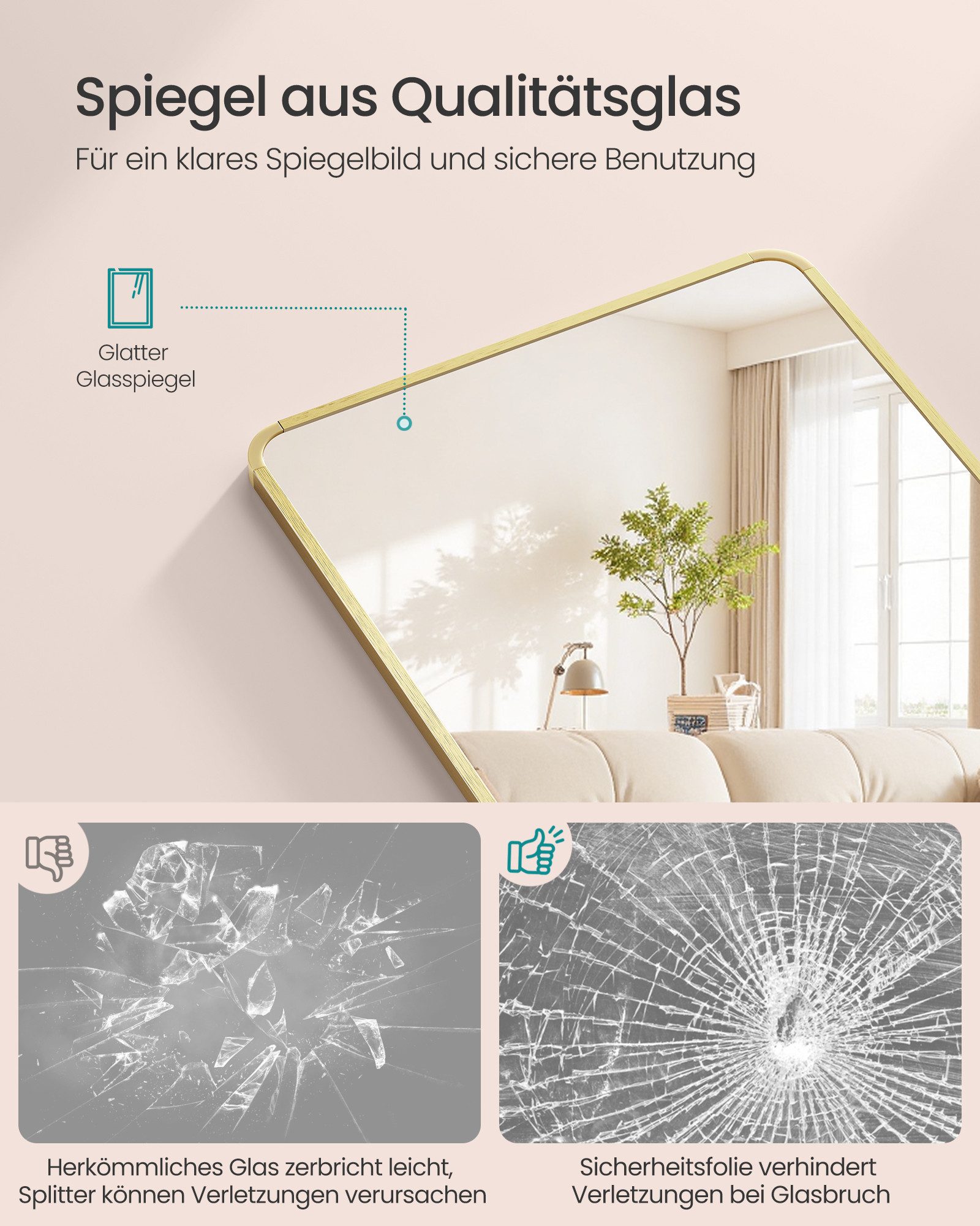 SONGMICS Wandspiegel Tür- und Wandbefestigung, Ganzkörperspiegel, rechteckiger & gewölbter, 120 x 40 cm (L x B)