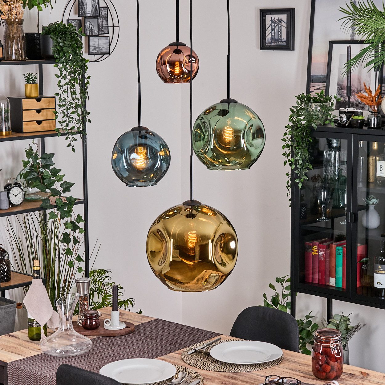 Vintage Pendelleuchte Hofstein – Gold/Grün Mit Glas, E27, 1-3 Lampen, Für Wohn- & Esszimmer