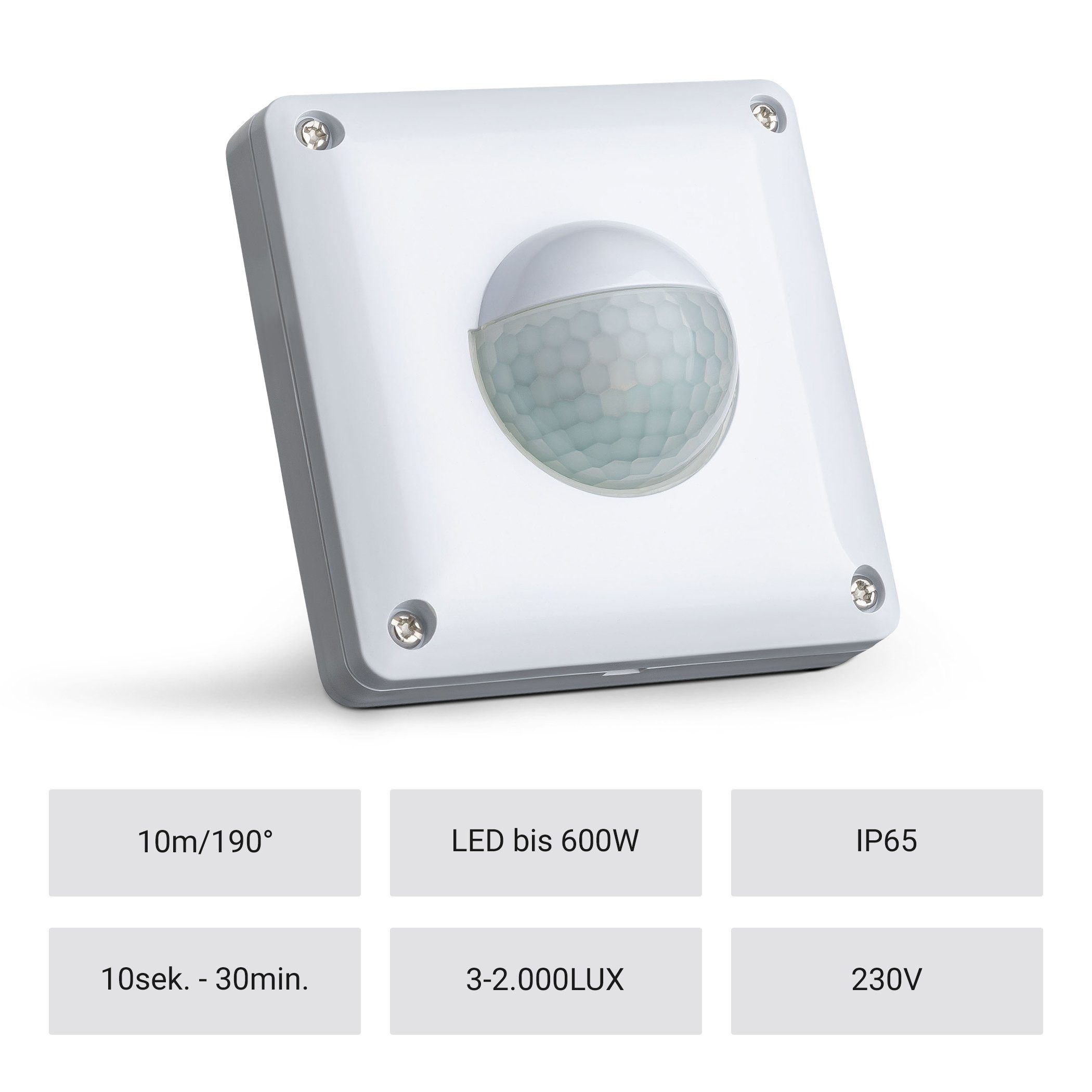 SEBSON Bewegungsmelder Bewegungsmelder Außen IP65 Unterputz LED geeignet programmierbar, (1-St), LED geeignet, IP65, programmierbar, 190°, Ein- und Ausschalter