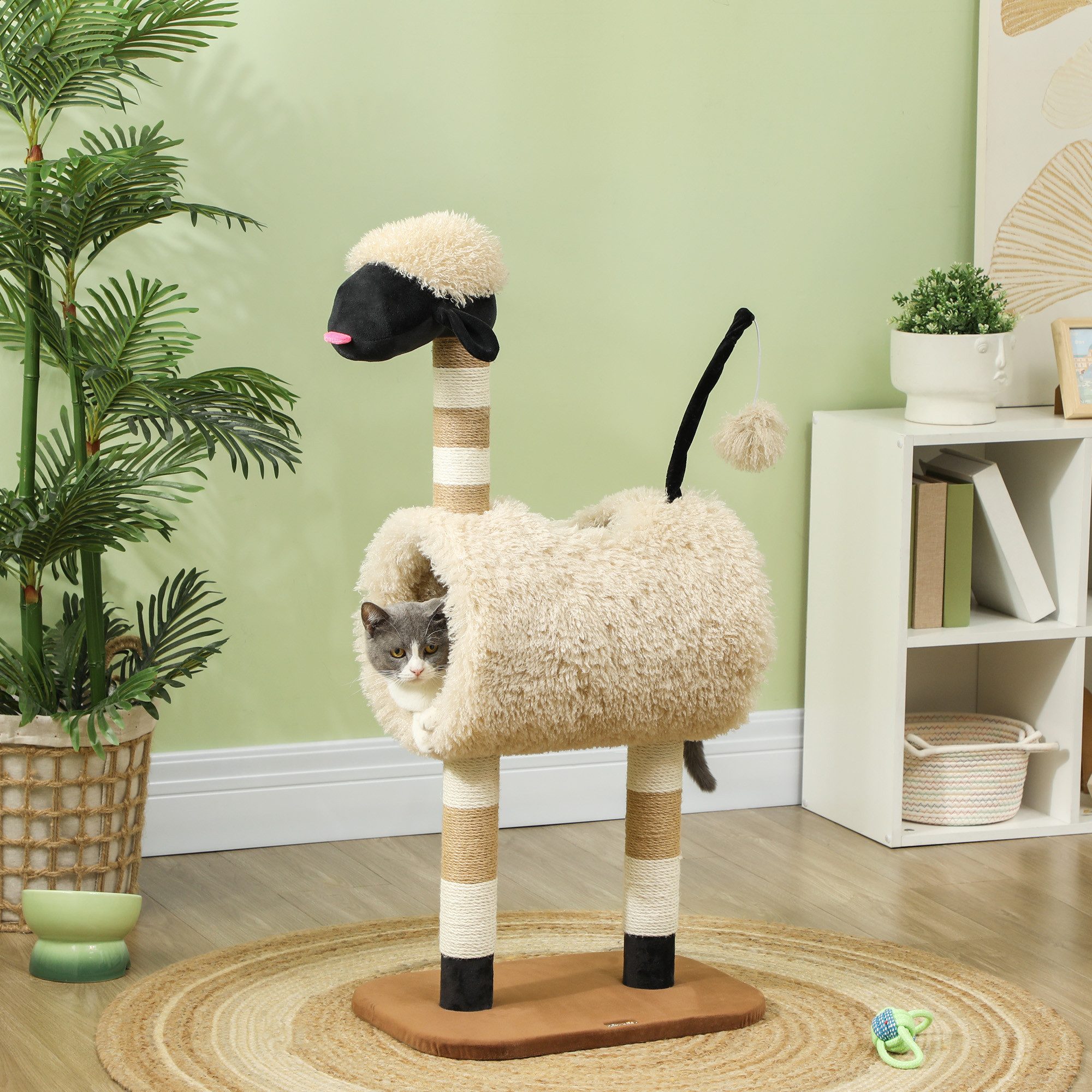 PawHut Kratzbaum Katzenturm im Schaf-Design mit Kratzpfosten, Tunnel, Kletterbaum, für Katzen bis 5 kg, Hellbraun