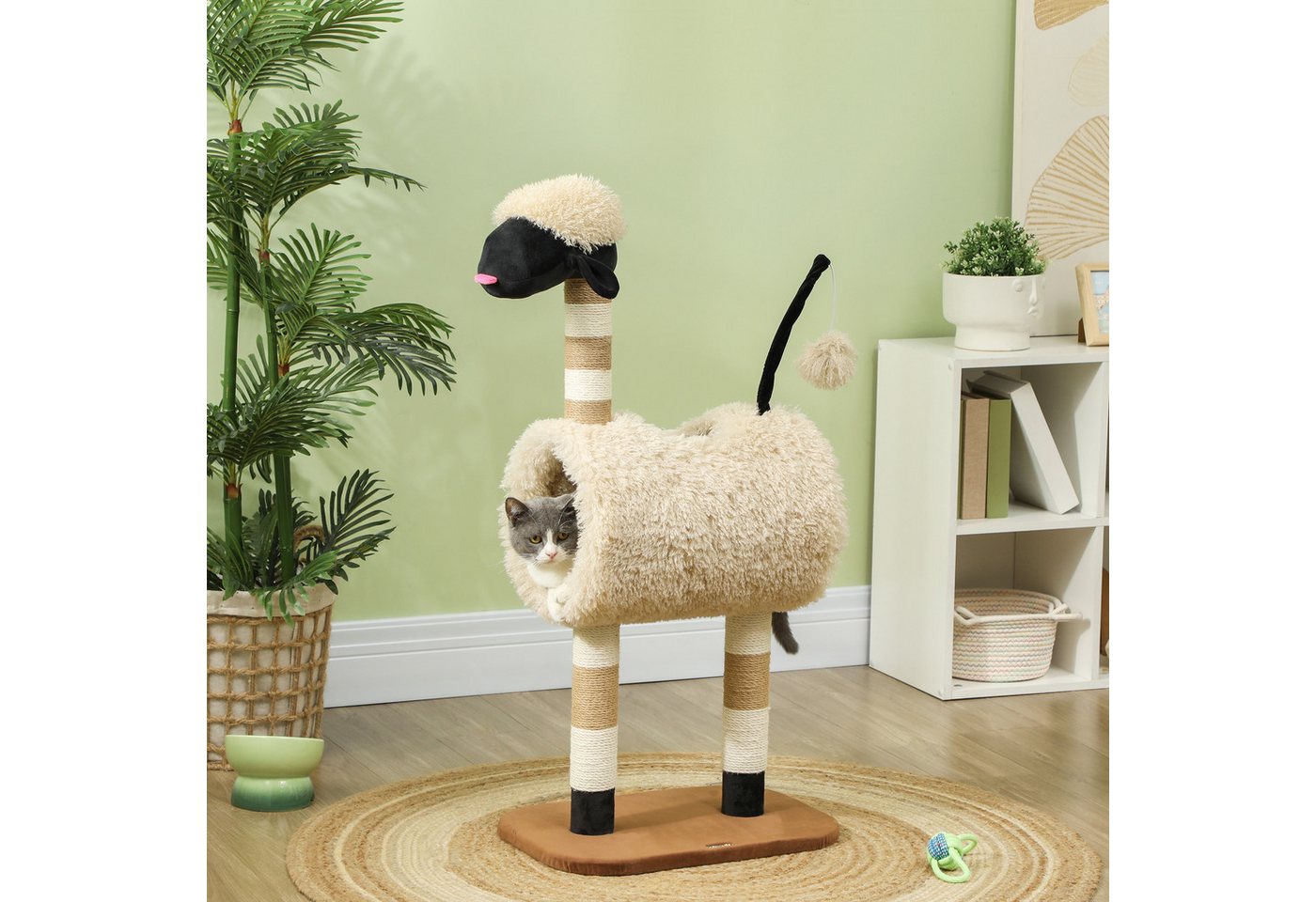 PawHut Kratzbaum Katzenturm im Schaf-Design mit Kratzpfosten, Tunnel, Kletterbaum, für Katzen bis 5 kg, Hellbraun