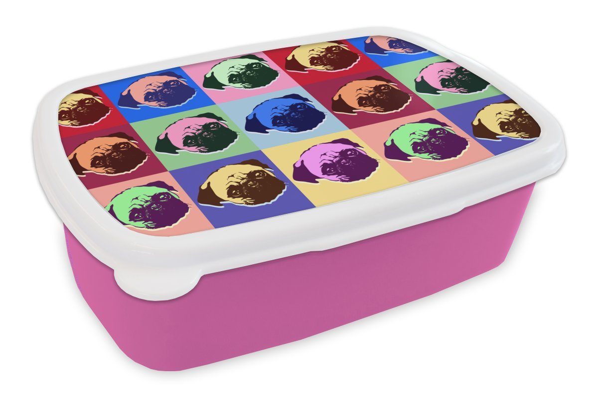 MuchoWow Lunchbox Muster - Hund - Mops - Jungen - Mädchen - Kinder - Kinder, Kunststoff, (2-tlg), Brotbox für Erwachsene, Brotdose Kinder, Snackbox, Mädchen, Kunststoff rosa