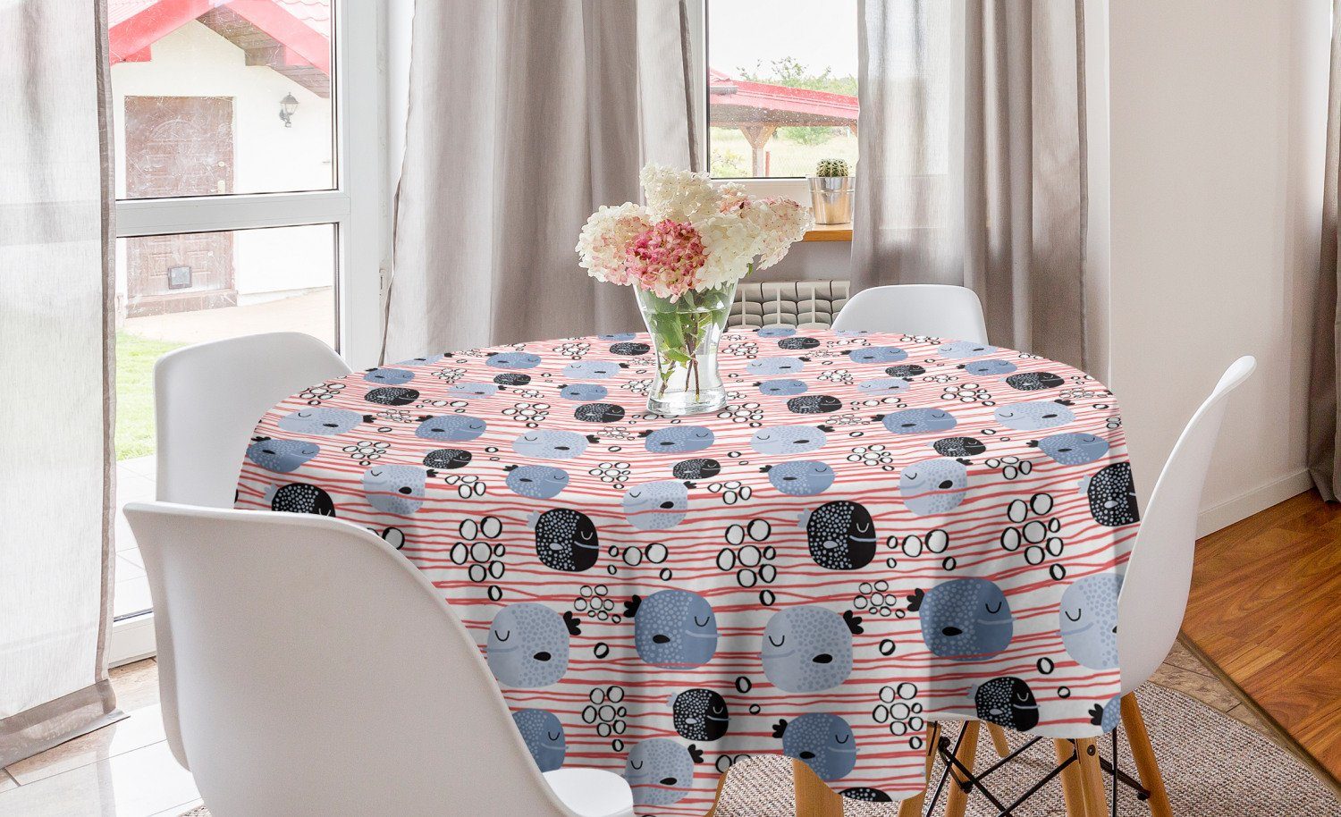Abakuhaus Tischdecke Kreis Tischdecke Abdeckung für Esszimmer Küche Dekoration, Gekritzel Fisch und Blasen auf Streifen