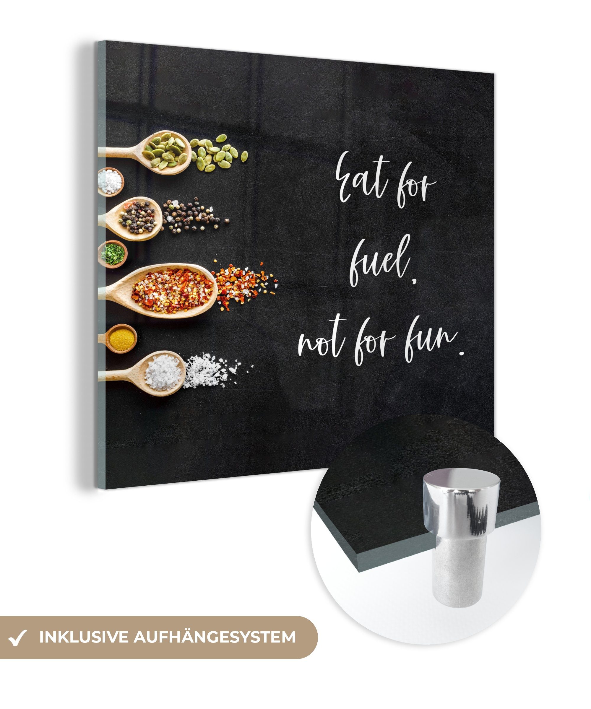 MuchoWow Acrylglasbild Kochfeldschutz - Essen für Kraftstoff. Nicht zum Spaß - Sprichwörter -, (1 St), Glasbilder - Bilder auf Glas Wandbild - Foto auf Glas - Wanddekoration