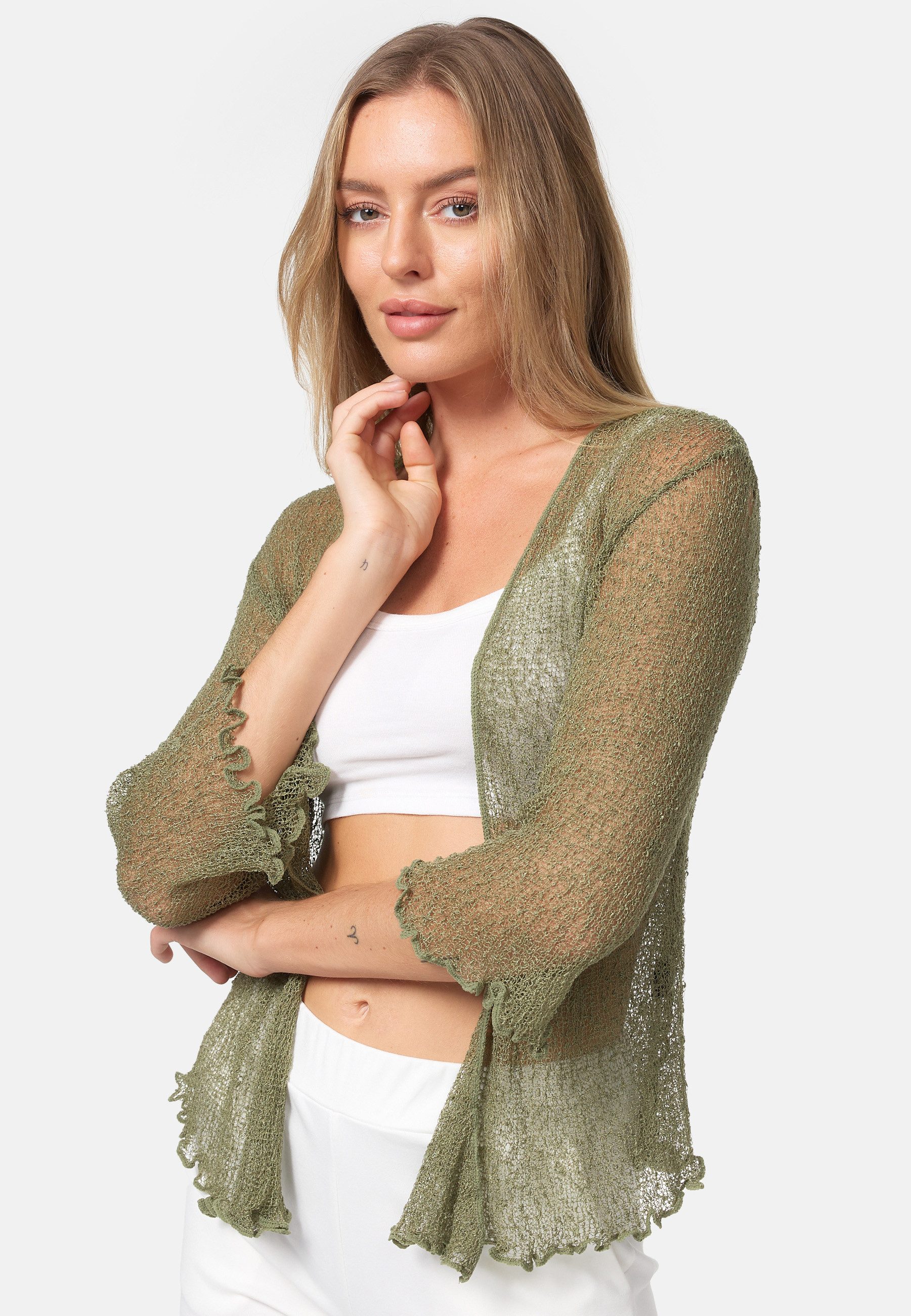 Rayshyne Bolero Bolero Cardigan Transparent Feminin Festlich (leichter Damen Sommerlicher Bolero Strickjacke festlich mit 3/4 Arm)