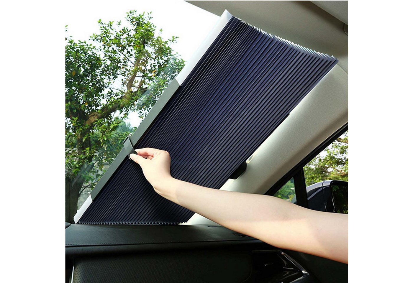 MOPUEA Autosonnenschutz Sonnenblende Auto für Windschutzscheibe aus Akkordeon, (Auto Sonnenschutz Teleskop UV Schutz reflektierende Autoabdeckung, Teleskop Auto Sonnenschutz mit UV Schutz und Wärmeisolierung), UV Schutz hitzereflektierend teleskopisch ein