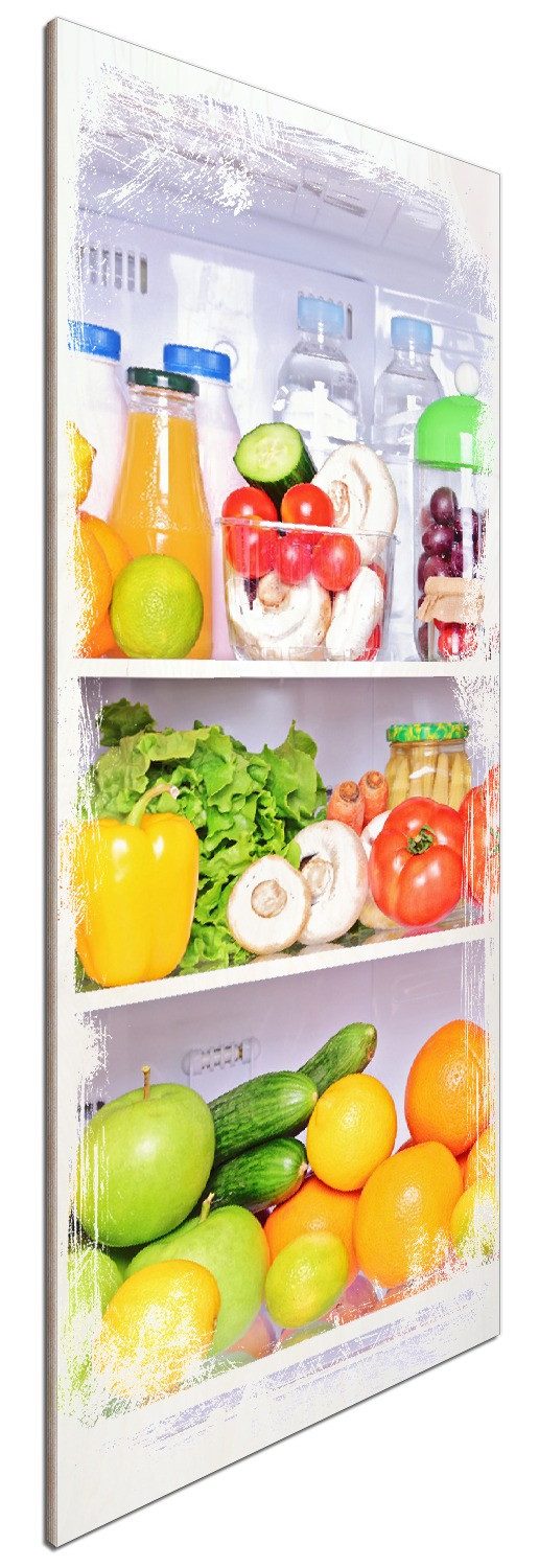 Wallario Holzbild, Offener gefüllter Kühlschrank, in verschiedenen Ausführungen
