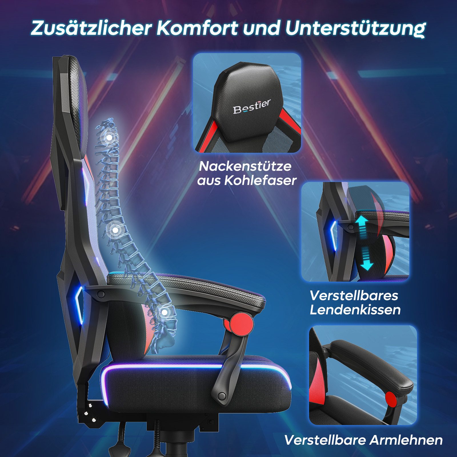 Bestier Gaming-Stuhl Gaming-Stuhl mit LED-Lichtleiste und verstellbarer Lendenwirbelstütze. – Bild 5 von 5