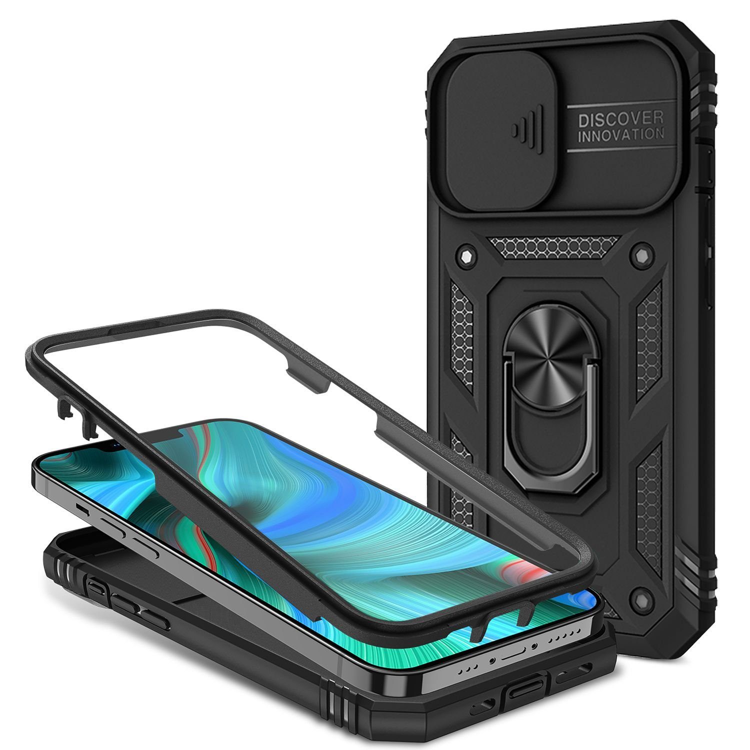 Nalia Smartphone-Hülle Apple iPhone 13 Pro 15,5 cm (6,1 Zoll), Outdoor Military-Style Ring Hülle / Kamera-Abdeckung & Display-Rahmen