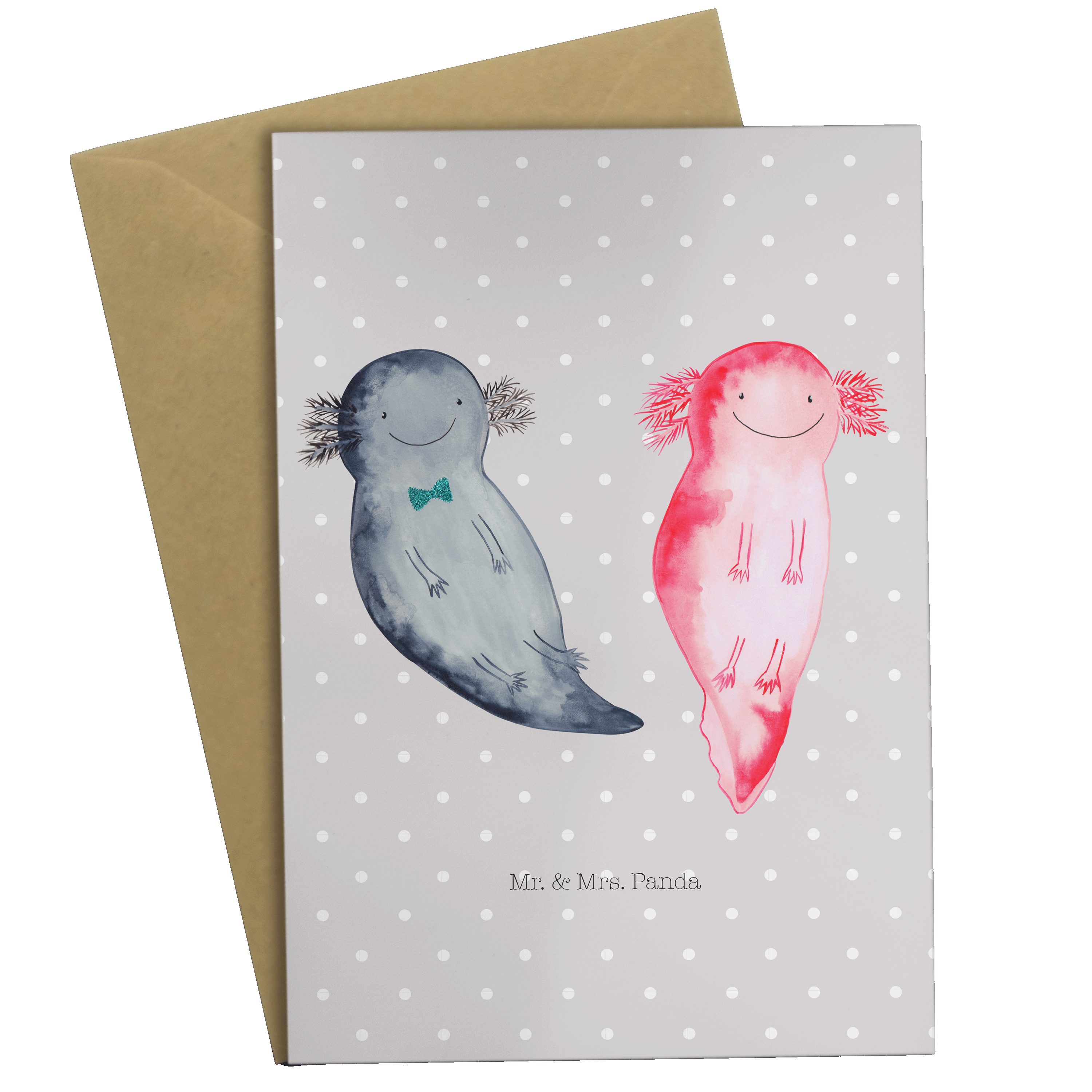 Mr. & Mrs. Panda Grußkarte Axolotl Axel+Lotte - Grau Pastell - Geschenk, Klappkarte, Molch, Hoch | Grußkarten