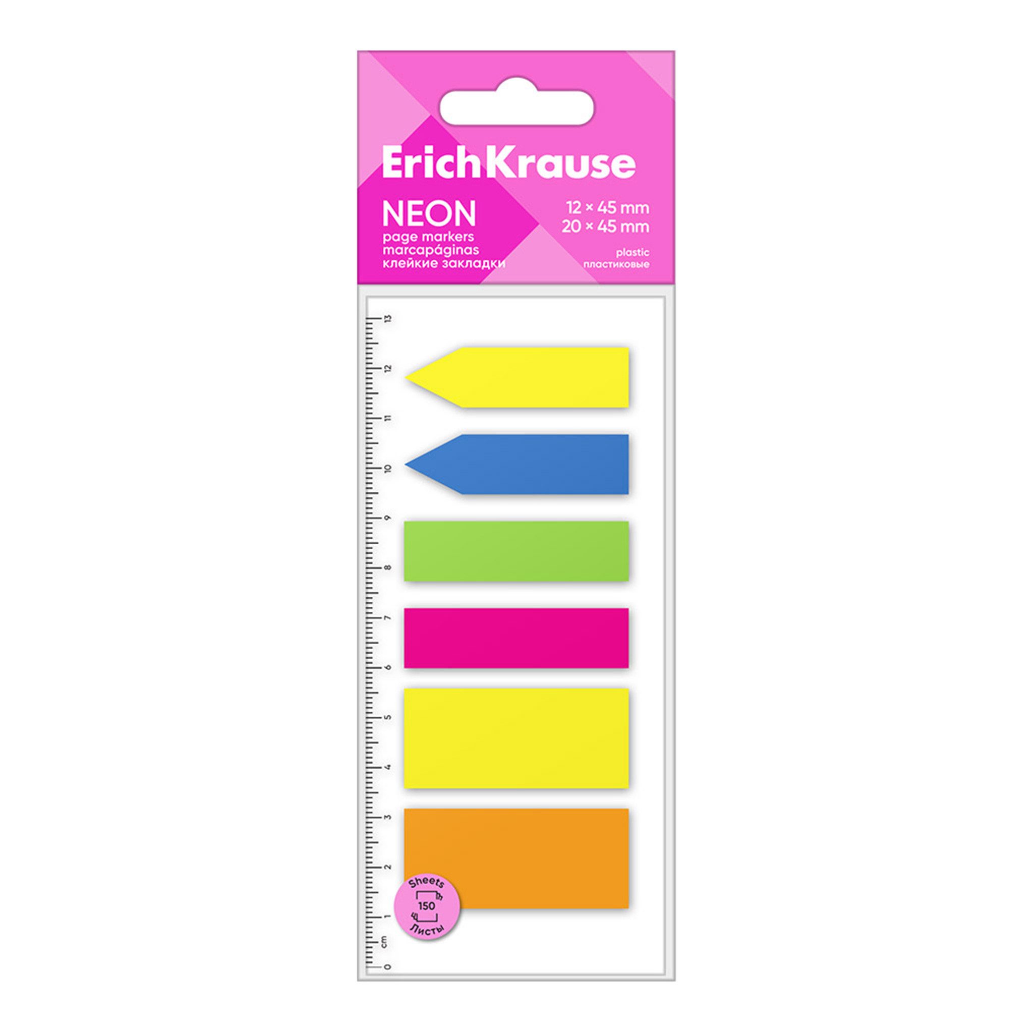 Erich Krause Haftnotizblock, Seitenmarker 12mm Neon Plastik mit Skala wiederablösbar 150 Blatt