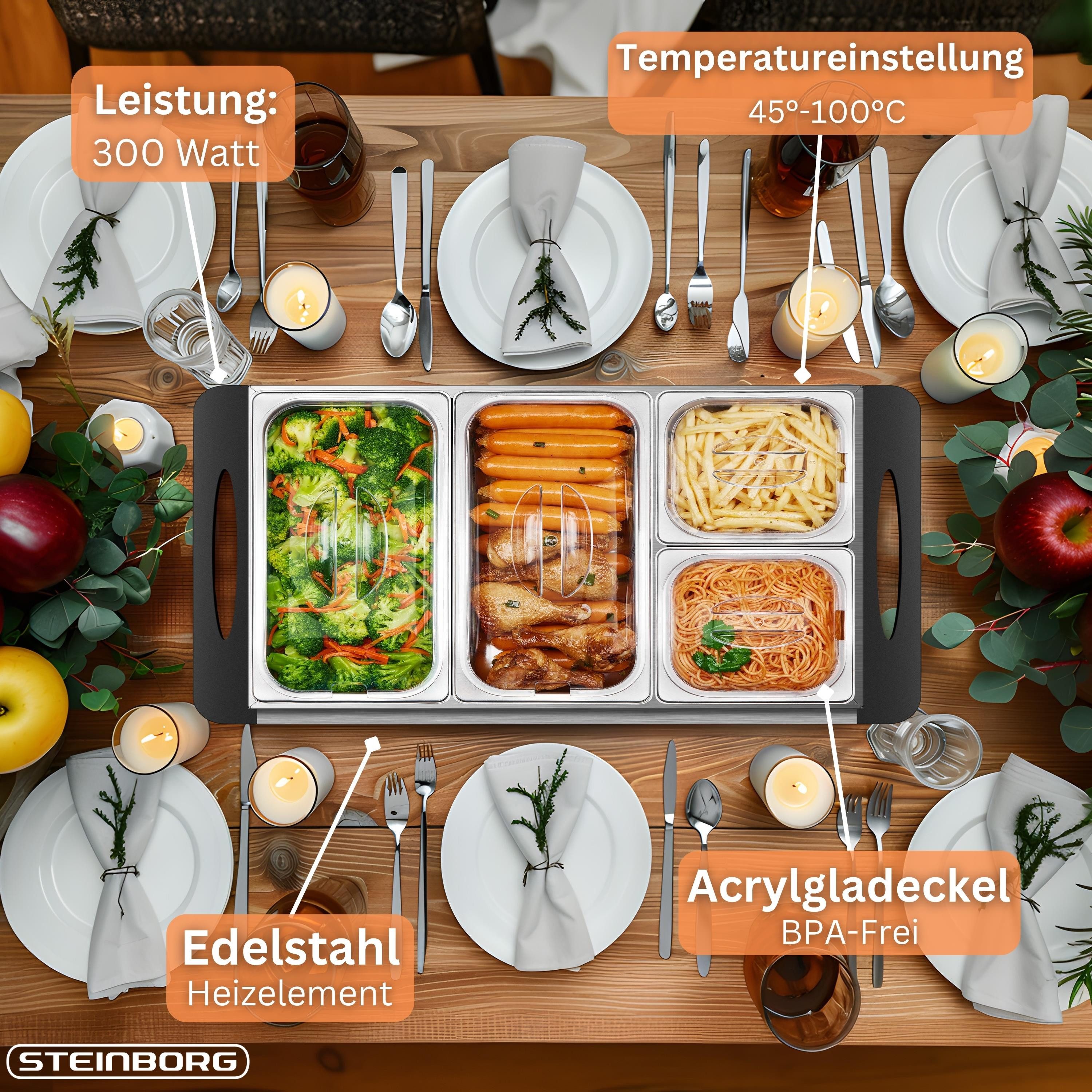 STEINBORG Speisenwärmer SB-6020, Edelstahl,BPA-frei,Cool-Touch Griffe,300 Watt