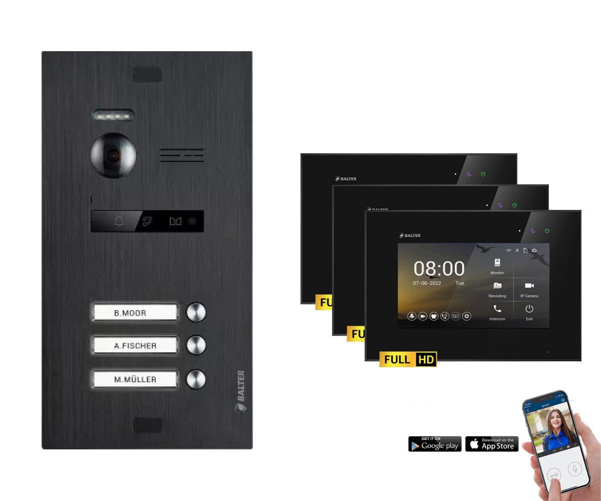 Balter Video-Türsprechanlage BALTER HD WLAN Video Gegensprechanlage EVO 3-Familienhaus Schwarz (Set, 3-Familienhaus, Komplettset, Full HD 175° Kamera, App-Steuerung)
