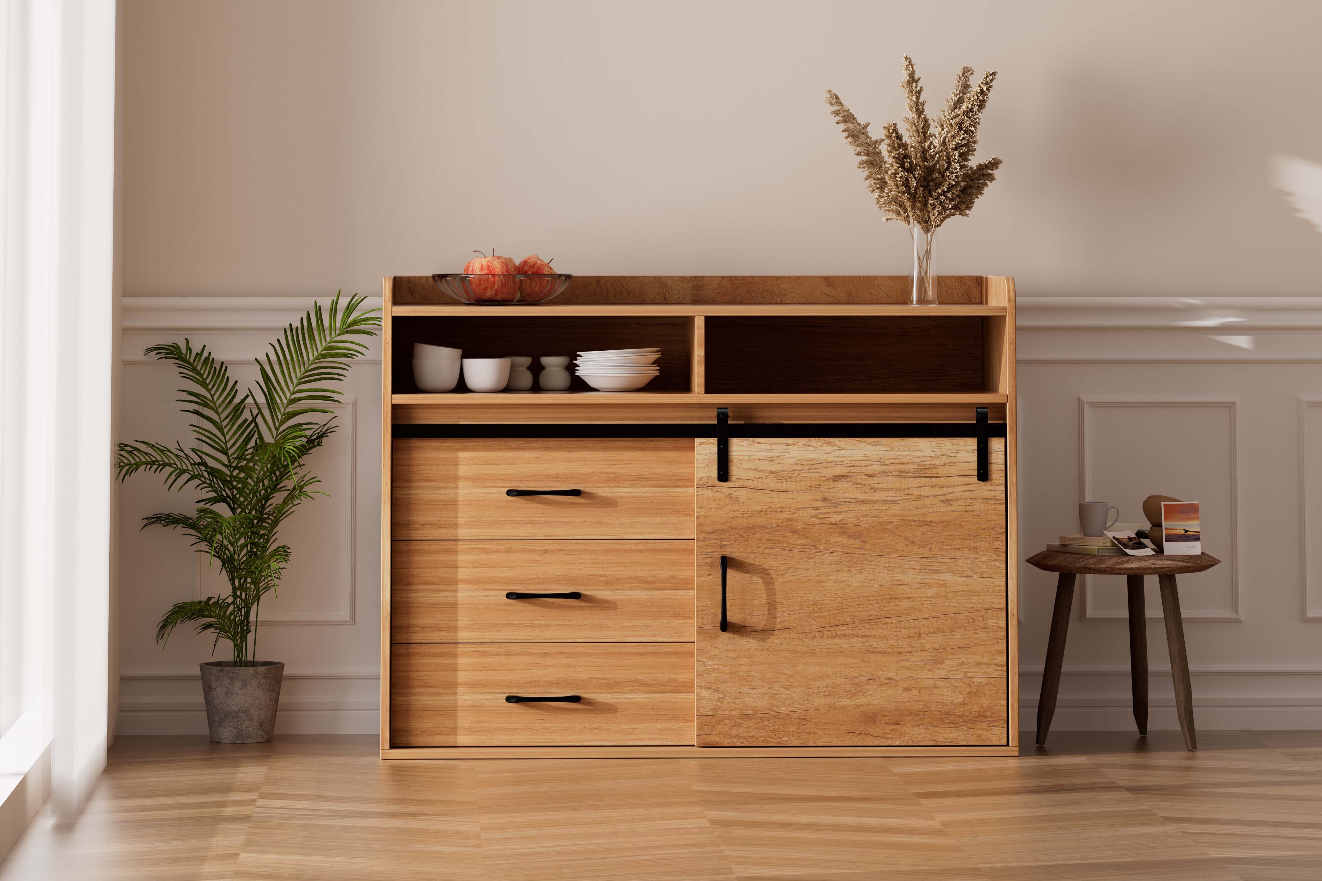 HOMAVO Sideboard HG1 kommode mit Schiebetüren & 4 Schubladen, Retro-Stil (FSC®, viel Stauraum, pflegeleicht), für Wohnzimmer Schlafzimmer Büro Flur