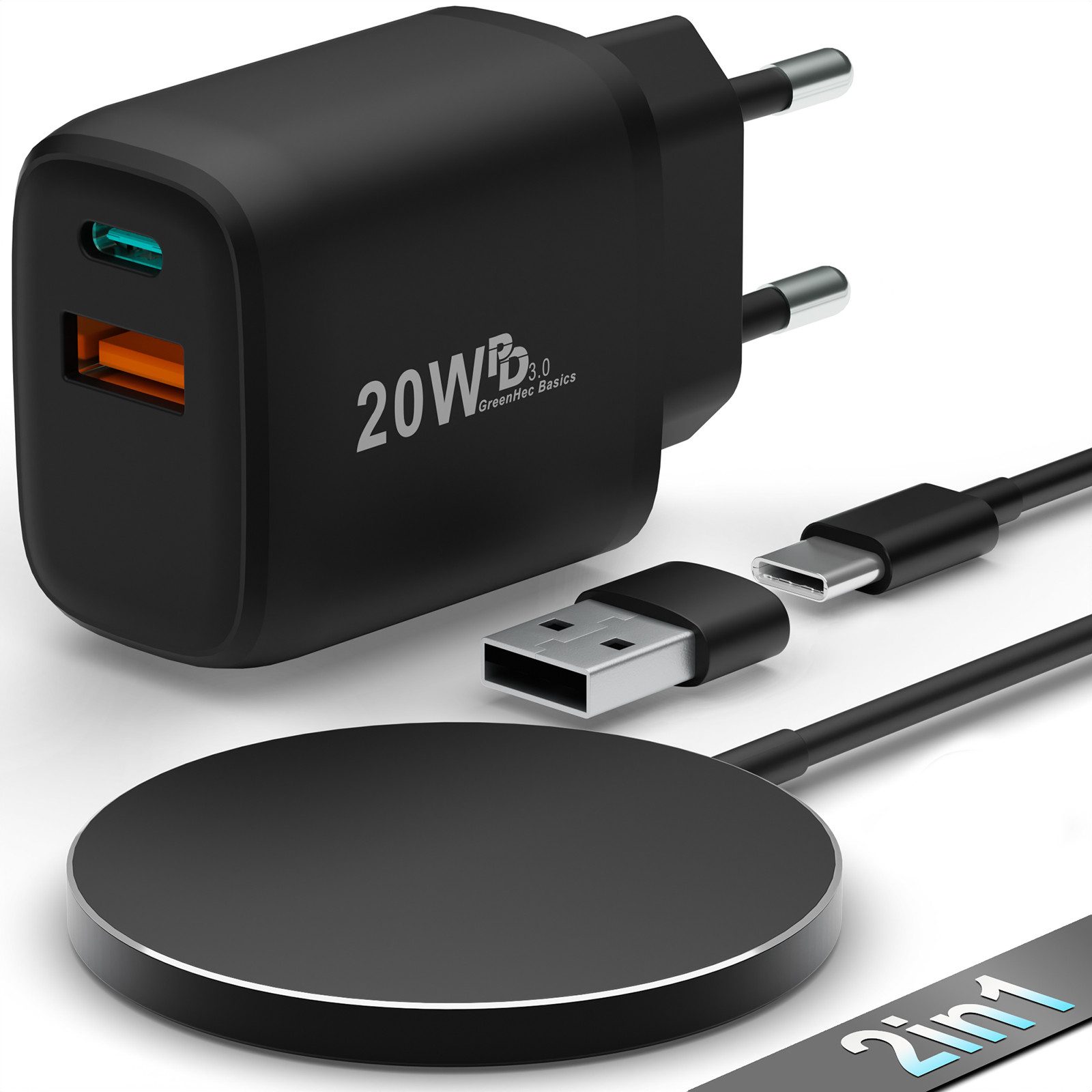 GreenHec MagSafe Ladegerät Wireless Charger Induktive Ladestation Kabellose 15w Wireless Charger (5,00 mA, Set, Magnetic MagPad + USB-A Adapter, iPhone 18 17 16 15 14 13 Pro Max Kontaktloses Kabellos Laden Induktion)