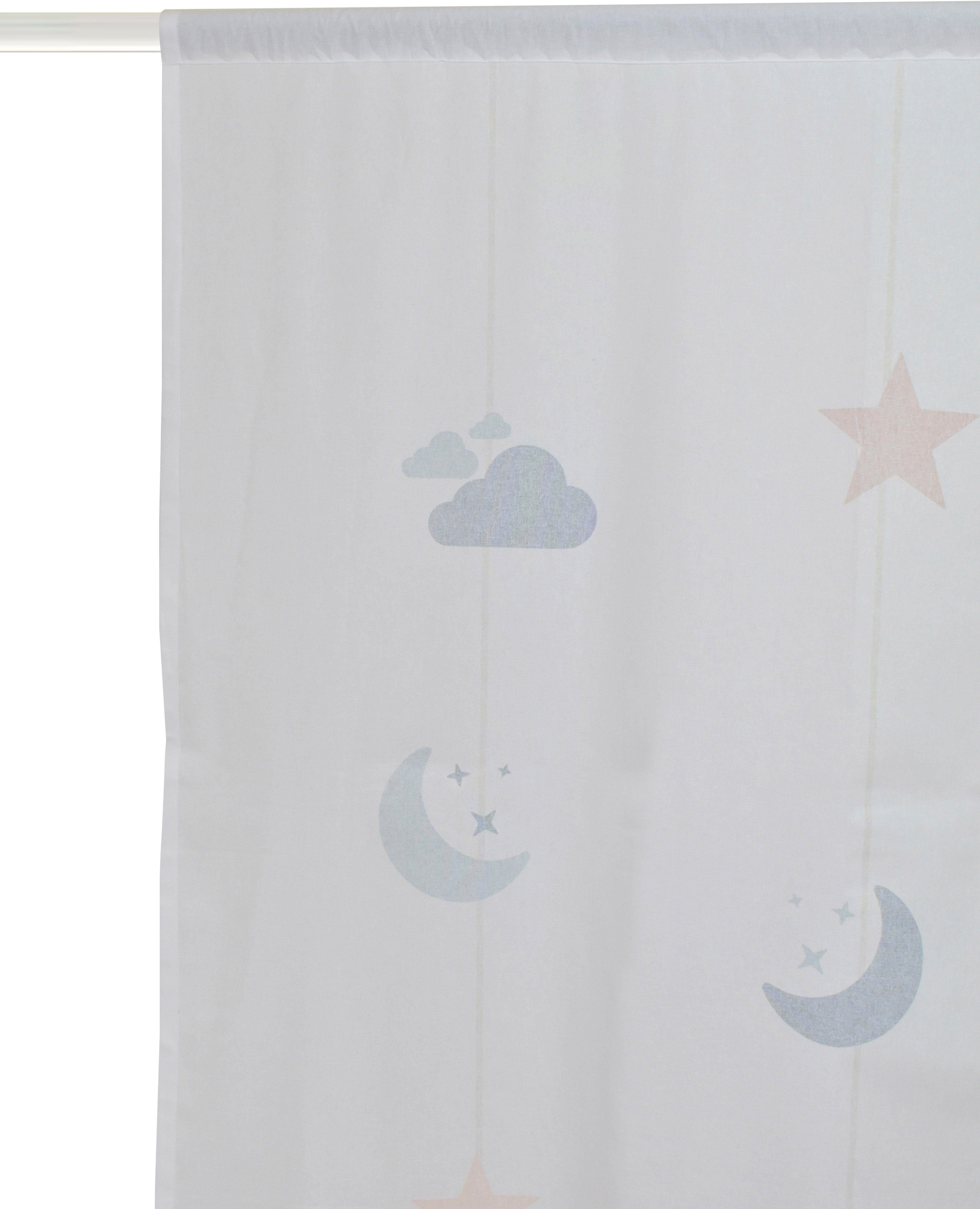 Gardine Romy, Lüttenhütt, Stangendurchzug Sternen einseitig Baumwolloptik, bedruckt & Mond, mit halbtransparent, Kindergardine (1 Wolken St)